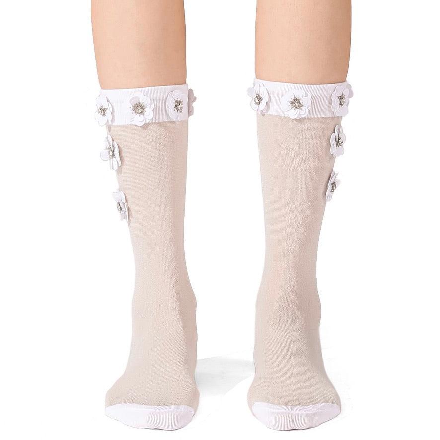 Black Sequined Floral Stretch Tulle Long Socks - Uniqvibe