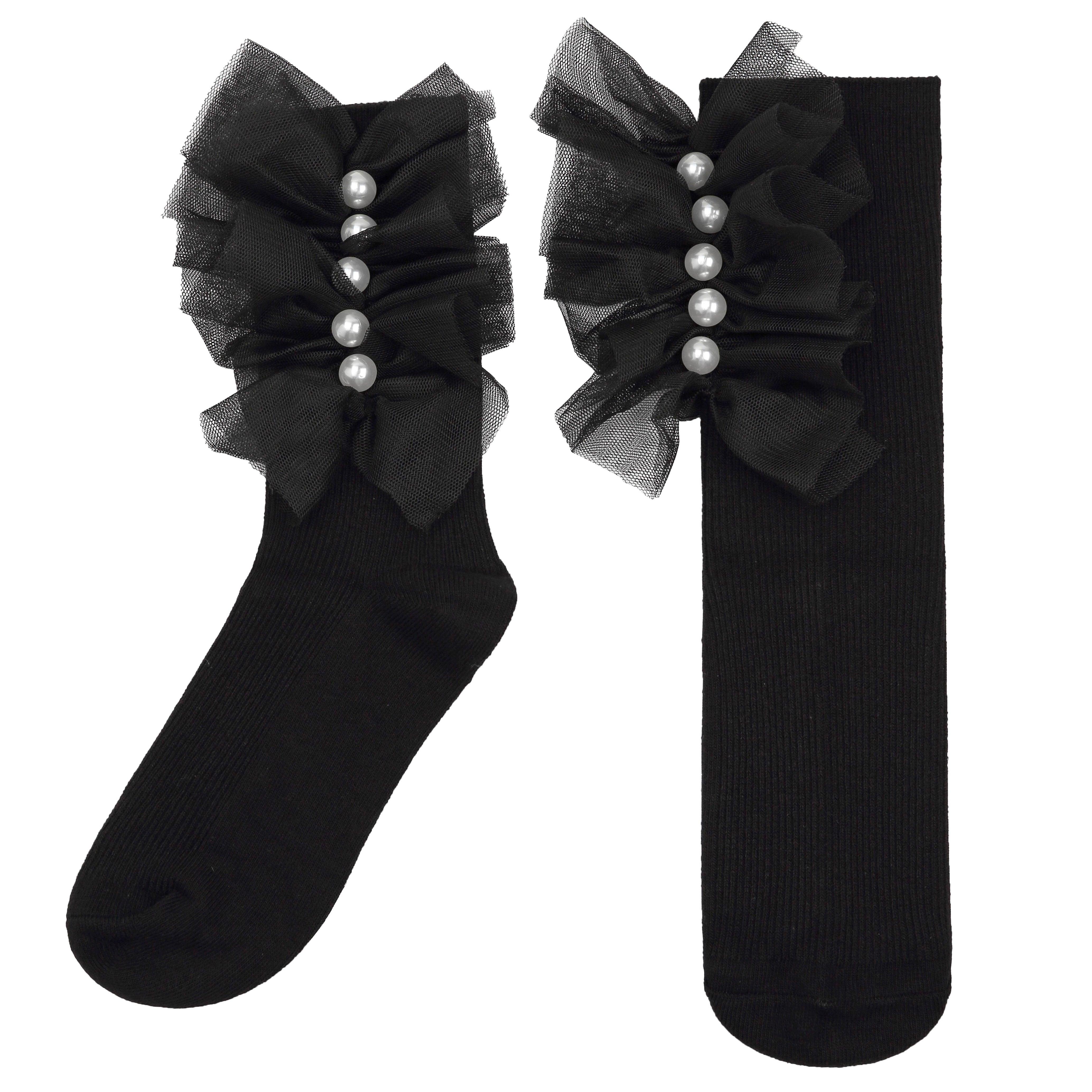 Black Tulle Crinkled Pearl Cotton Short Socks - Uniqvibe