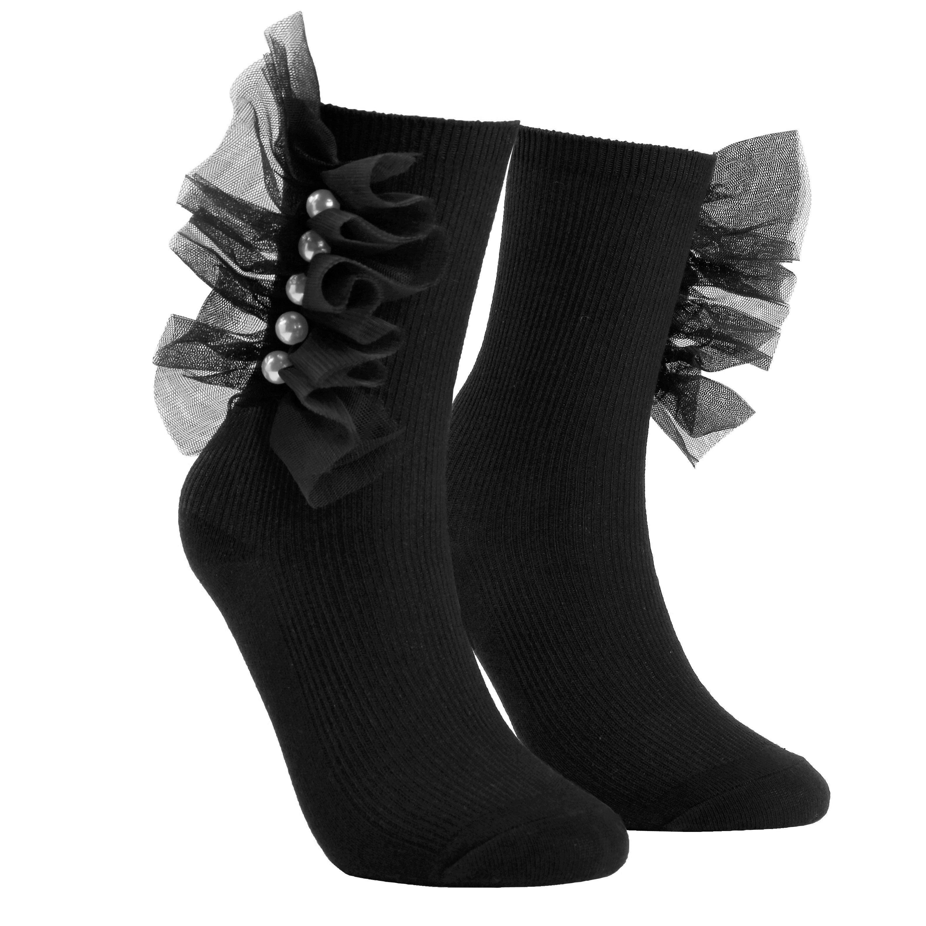 Black Tulle Crinkled Pearl Cotton Short Socks - Uniqvibe