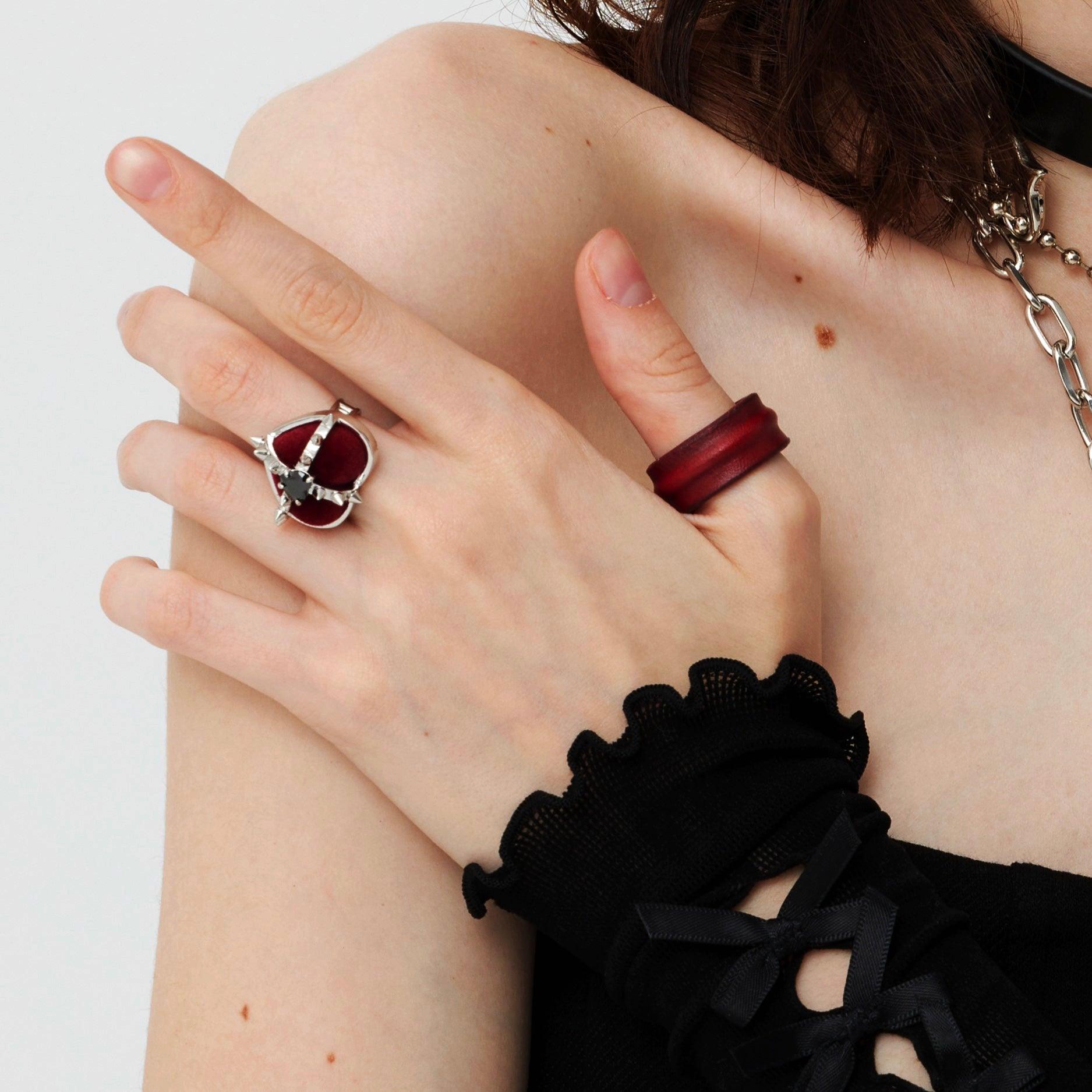 Black/Red Leather Adjustable Ring - Uniqvibe