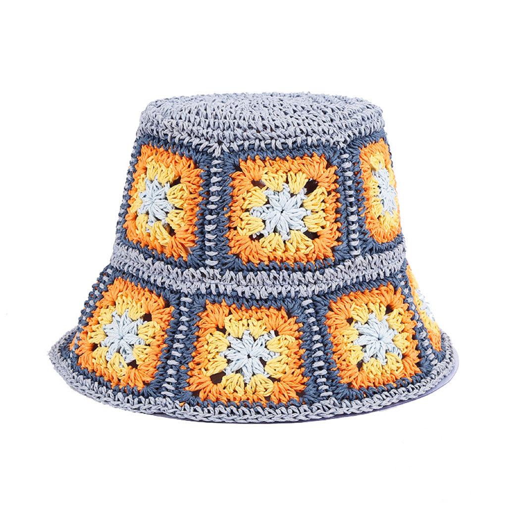 Blue And Orange Flower Straw Beach Bucket Hat - Uniqvibe