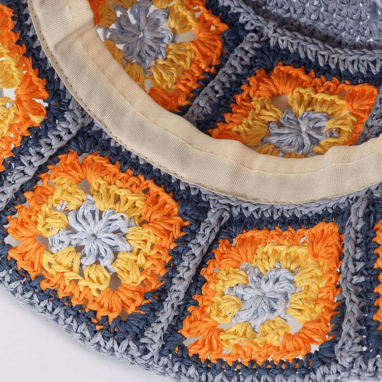 Blue And Orange Flower Straw Beach Bucket Hat - Uniqvibe