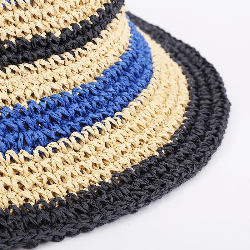 Blue Black Striped Straw Bucket Beach Hat - Uniqvibe