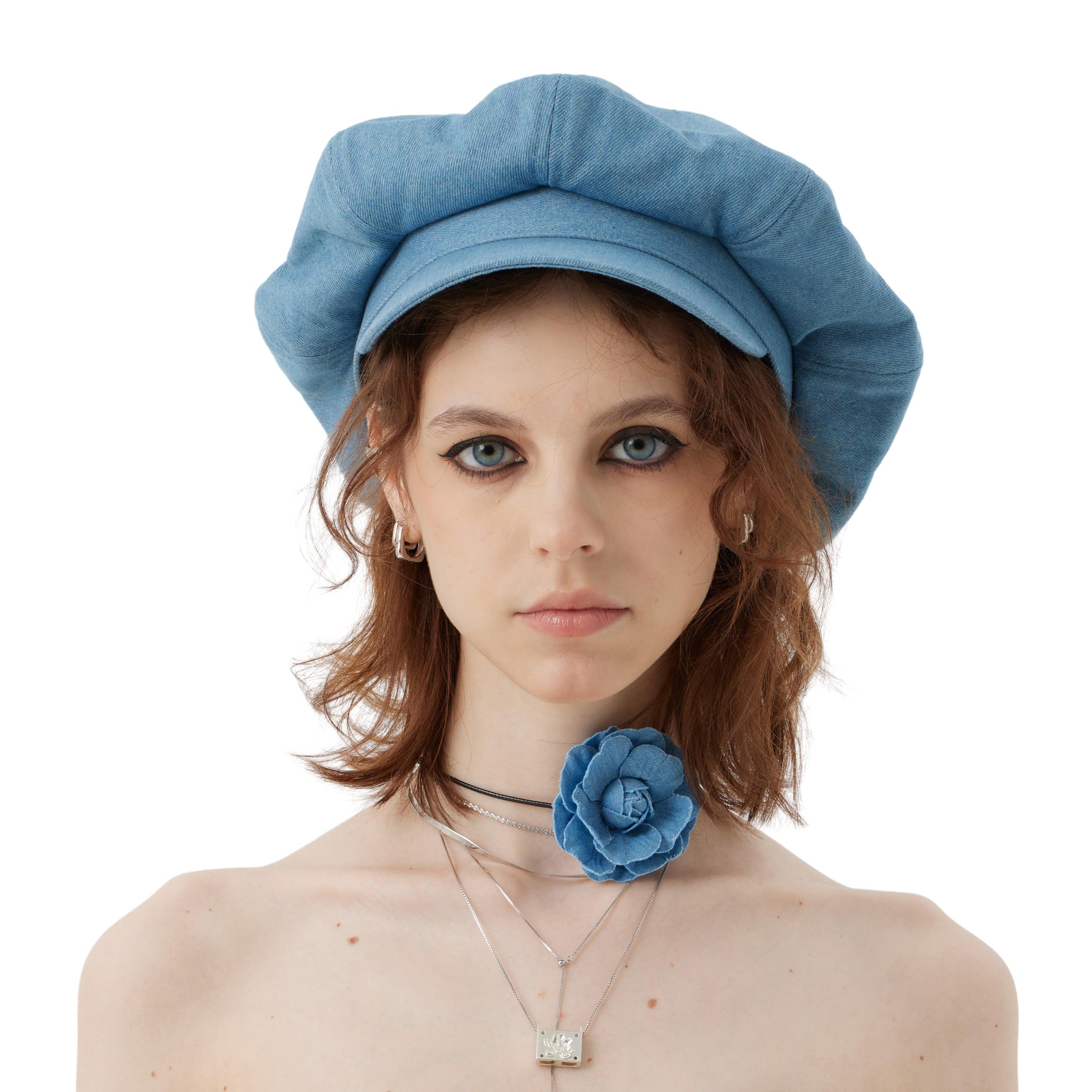 Blue Denim Octagonal Cloud Beret Hat - Uniqvibe