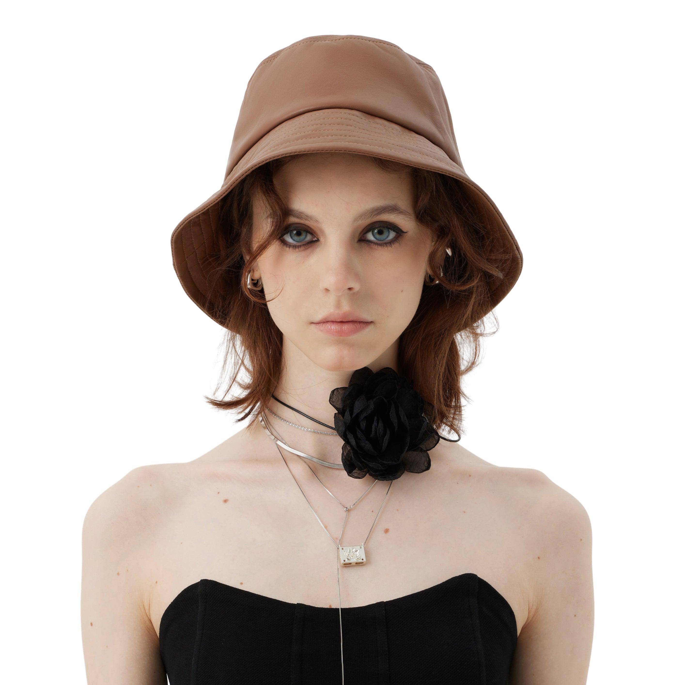 Brown Leather Wide Brim Bucket Hat - Uniqvibe