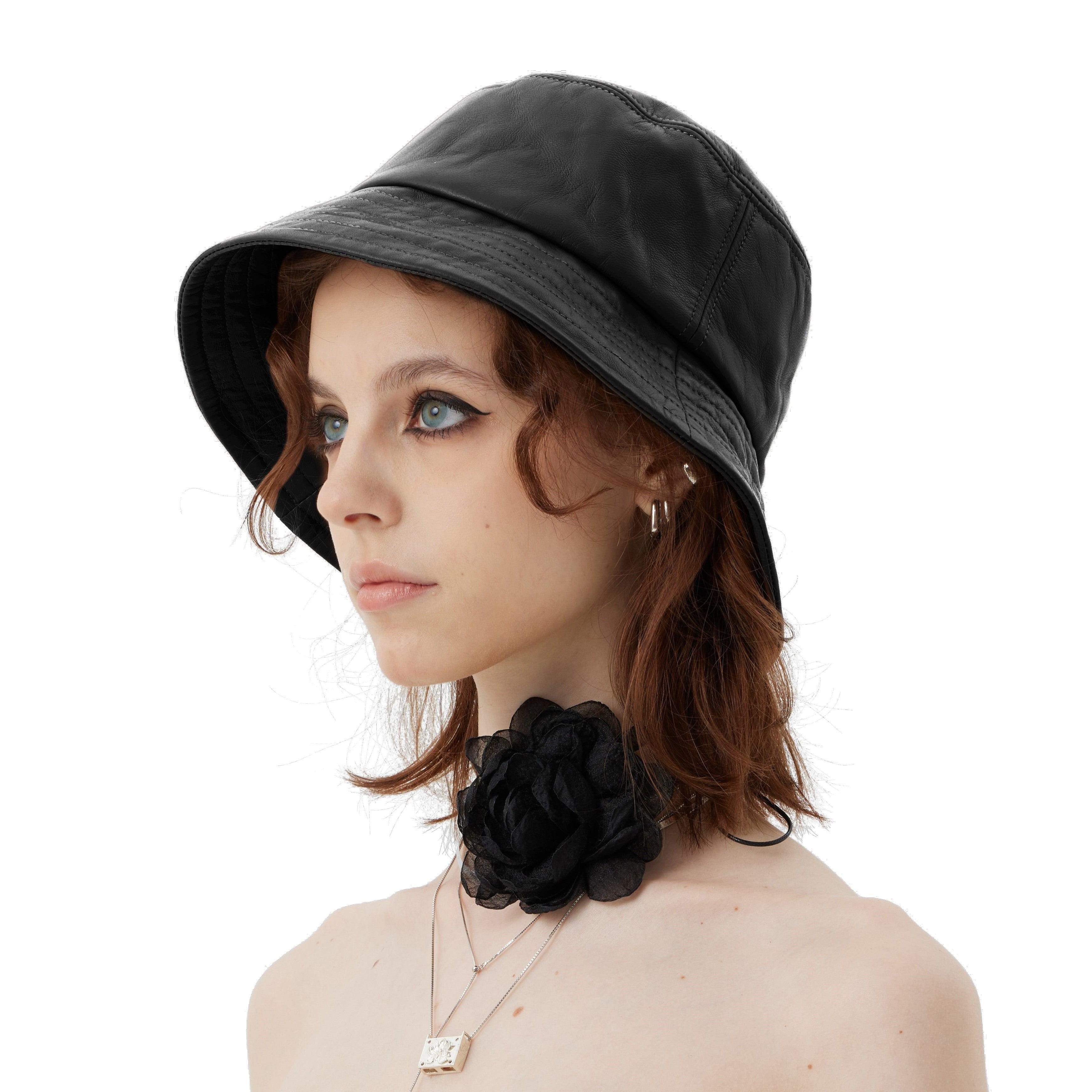 Brown Leather Wide Brim Bucket Hat - Uniqvibe