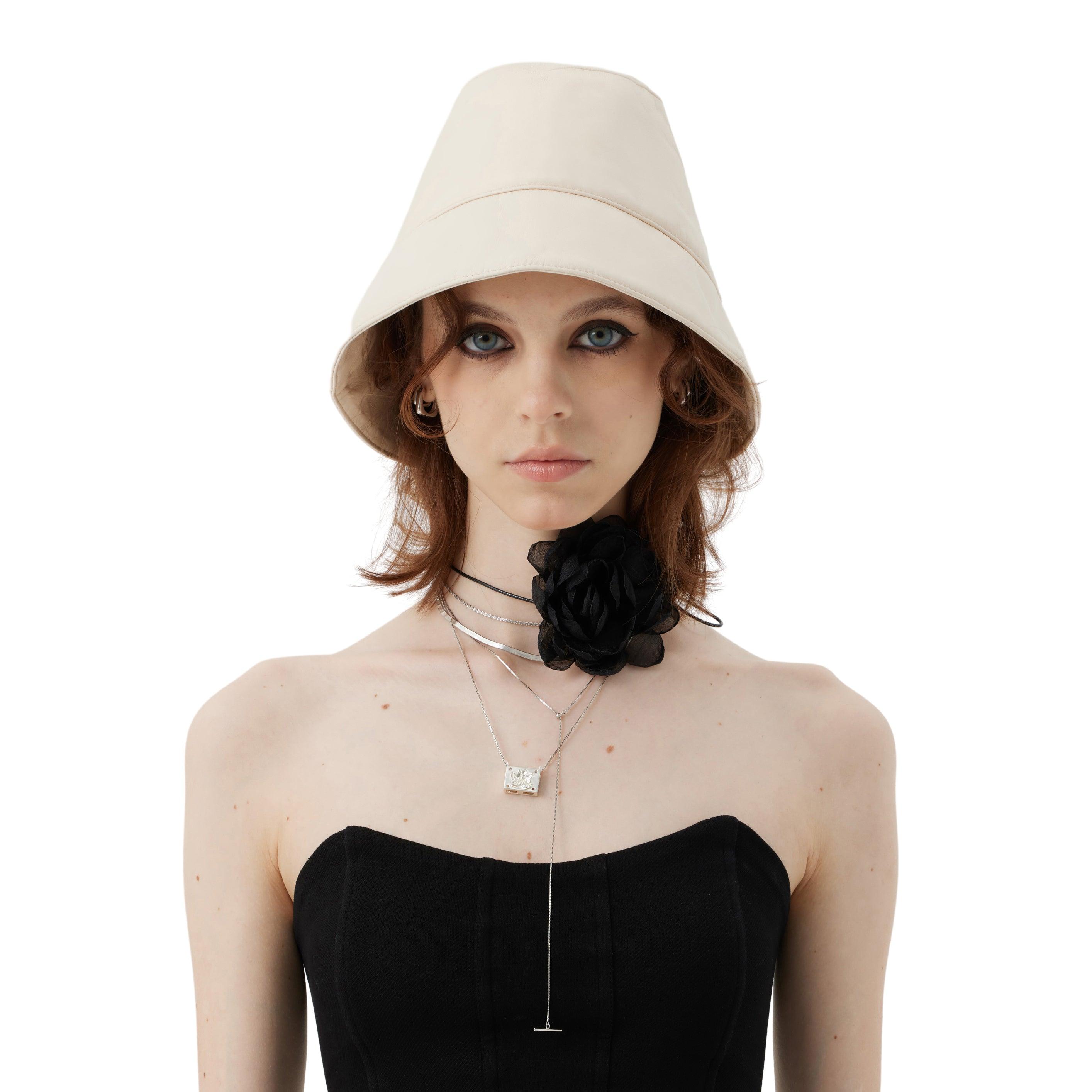 Cream-white/Black Leather Narrow Bucket Hat - Uniqvibe