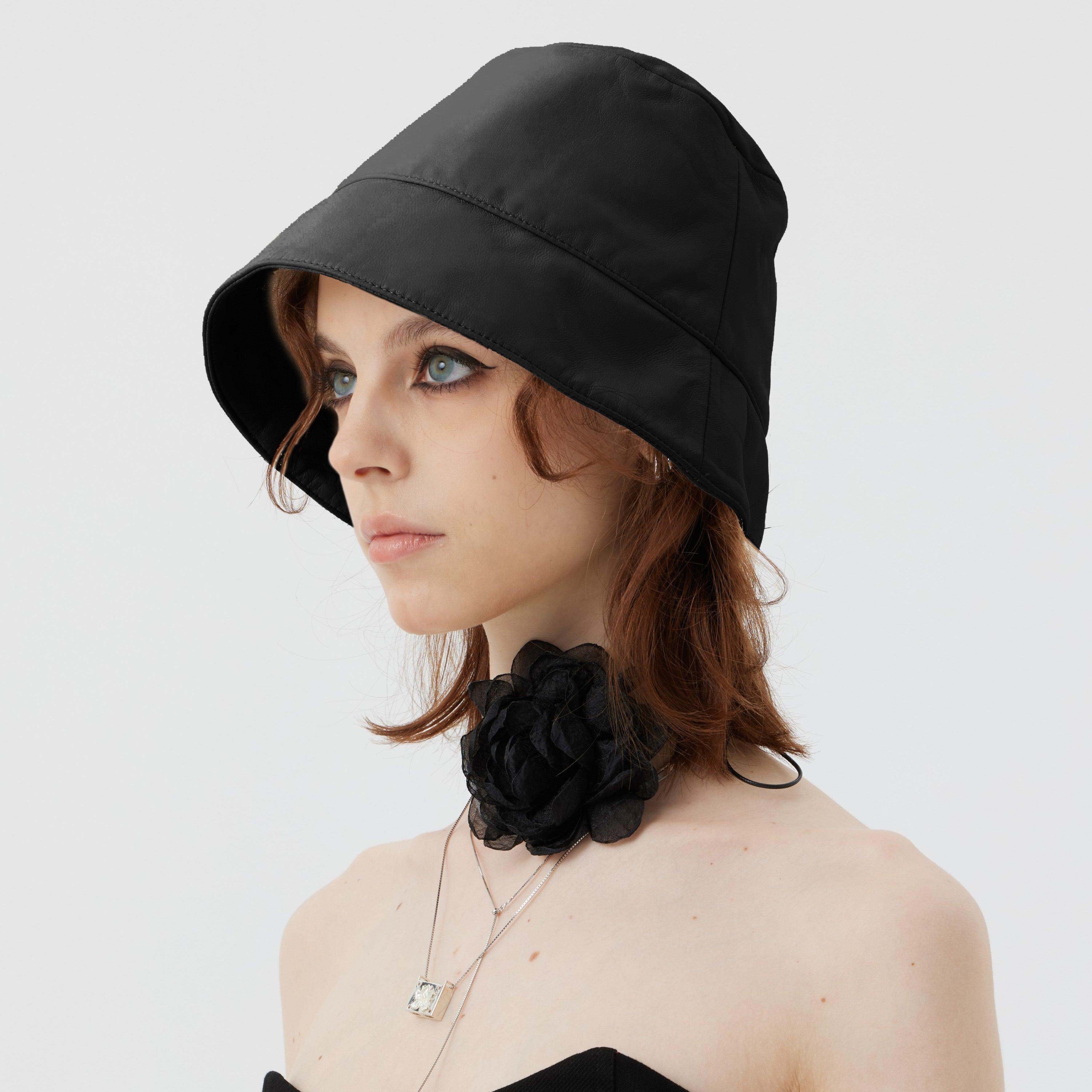 Cream-white/Black Leather Narrow Bucket Hat - Uniqvibe