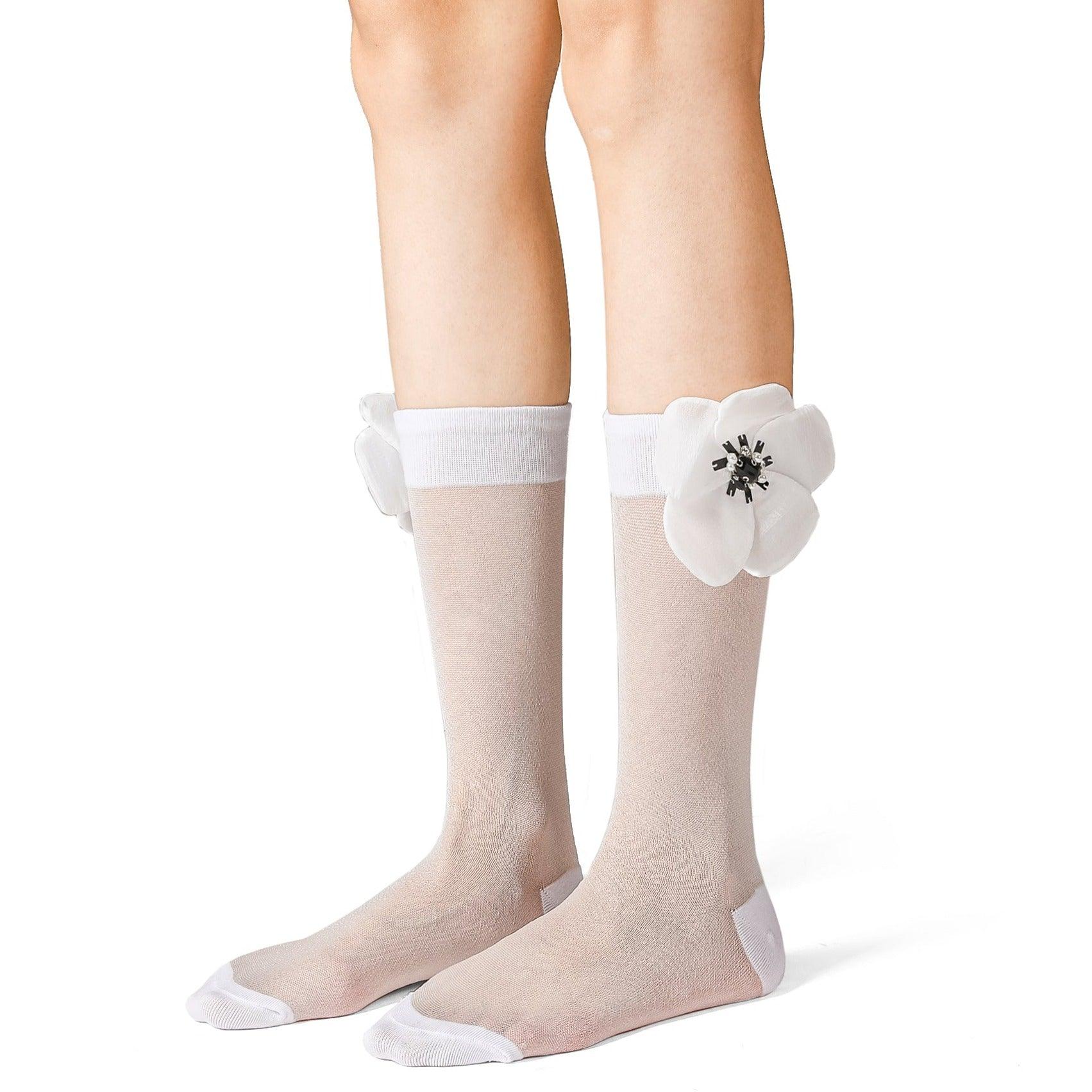 Crystal Floral Stretch Black/White Tulle Socks - Uniqvibe