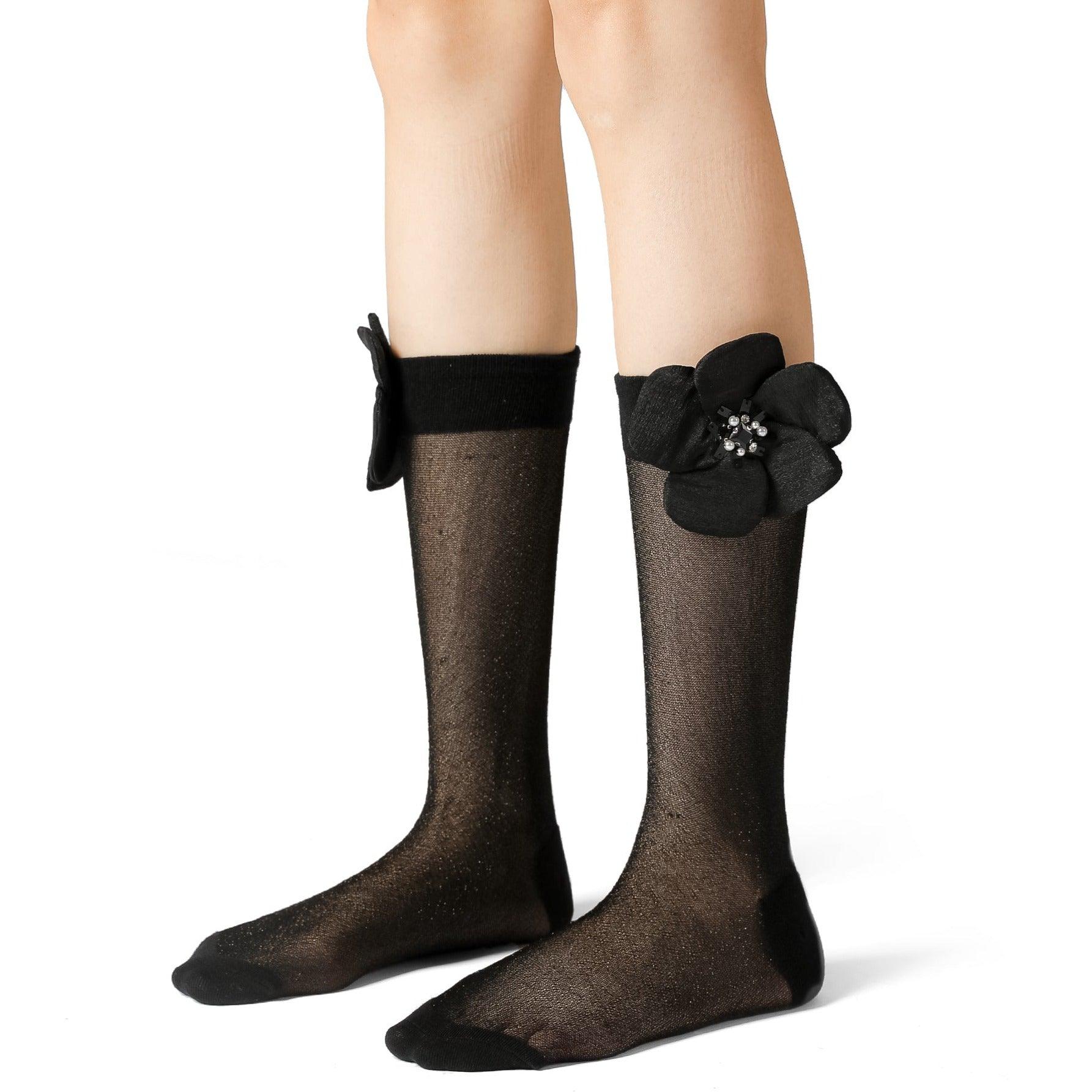 Crystal Floral Stretch Black/White Tulle Socks - Uniqvibe