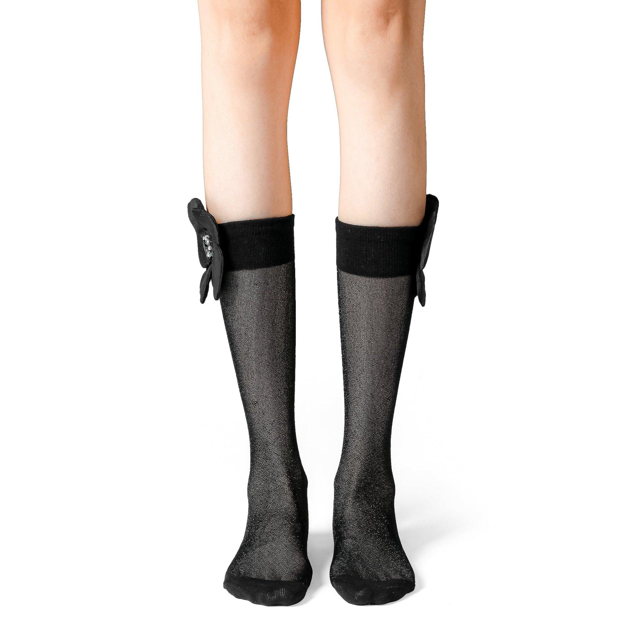 Crystal Floral Stretch Black/White Tulle Socks - Uniqvibe