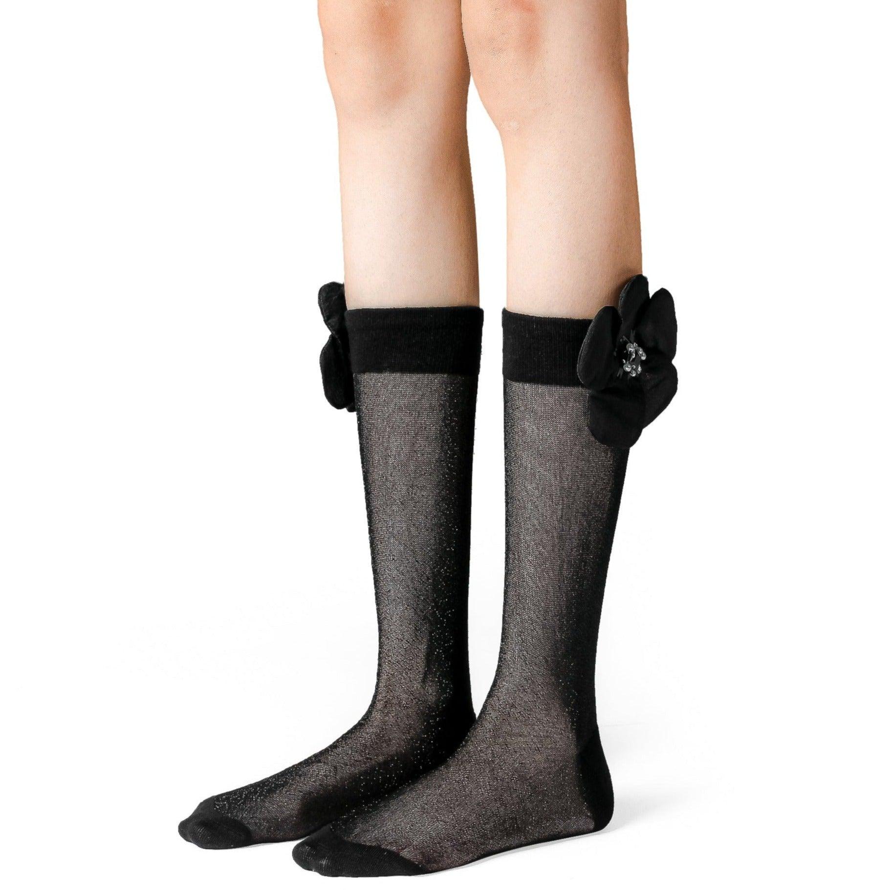 Crystal Floral Stretch Black/White Tulle Socks - Uniqvibe