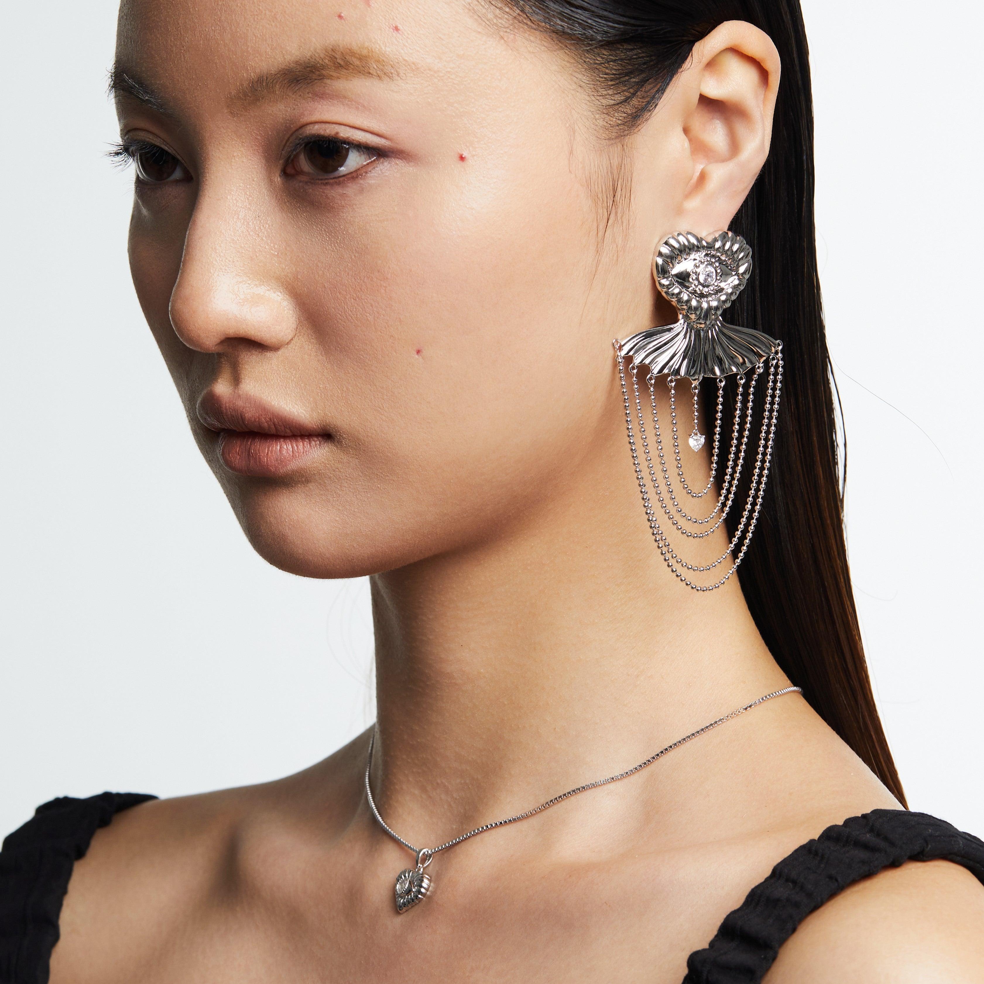 Crystal Heart Eyes Skirt Tassel Party Earrings - Uniqvibe