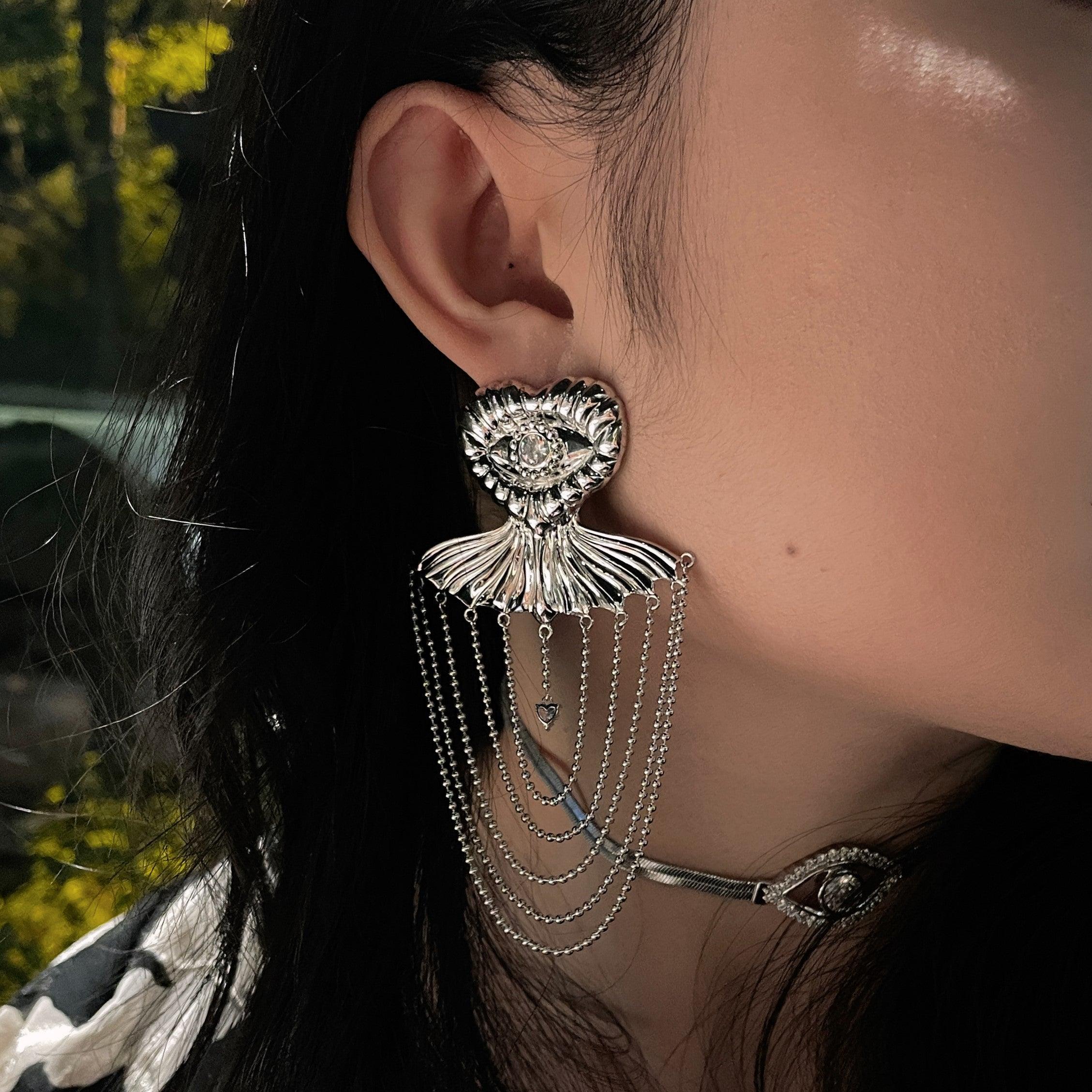 Crystal Heart Eyes Skirt Tassel Party Earrings - Uniqvibe