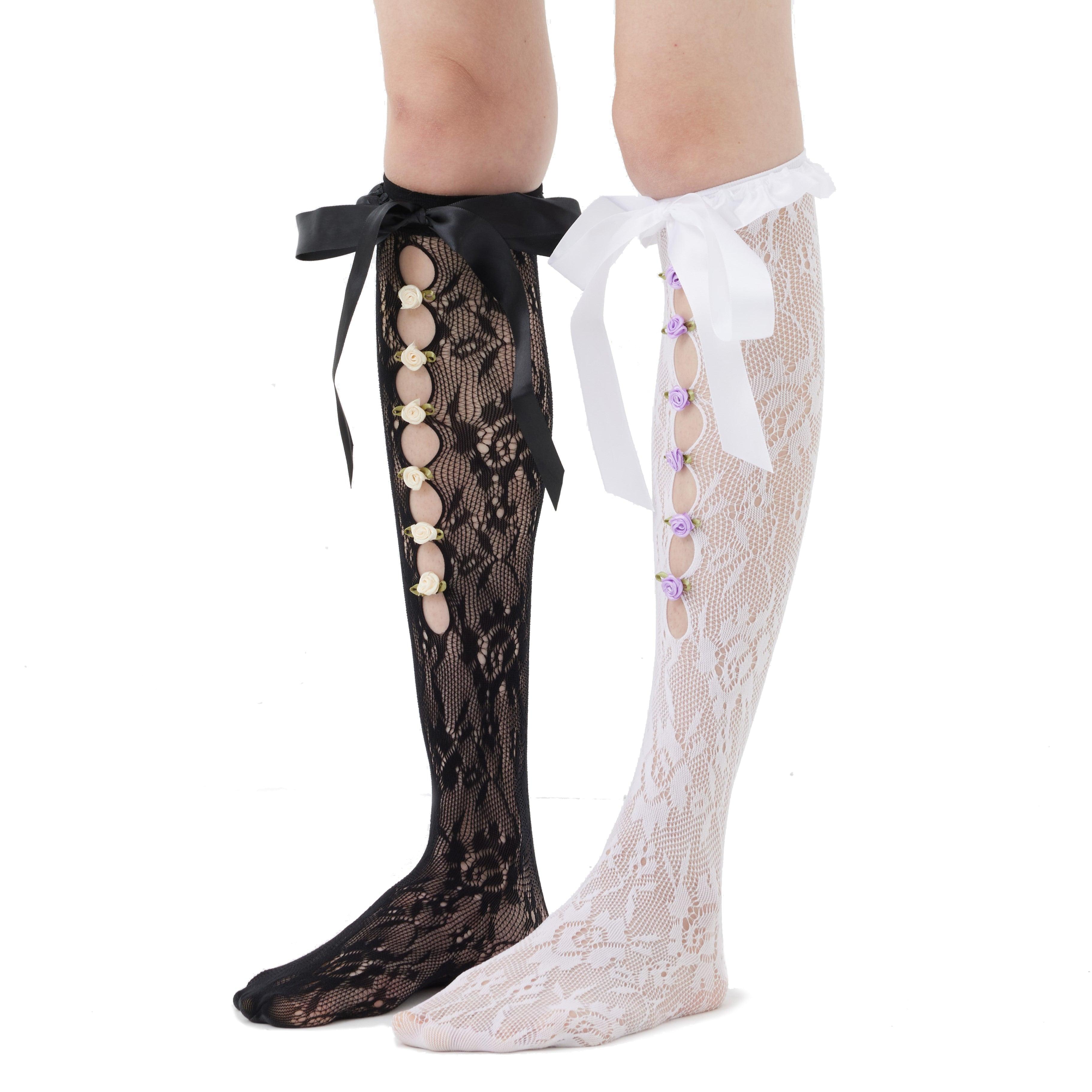 Cutout Floral Ribbon Lace Long Socks - Uniqvibe