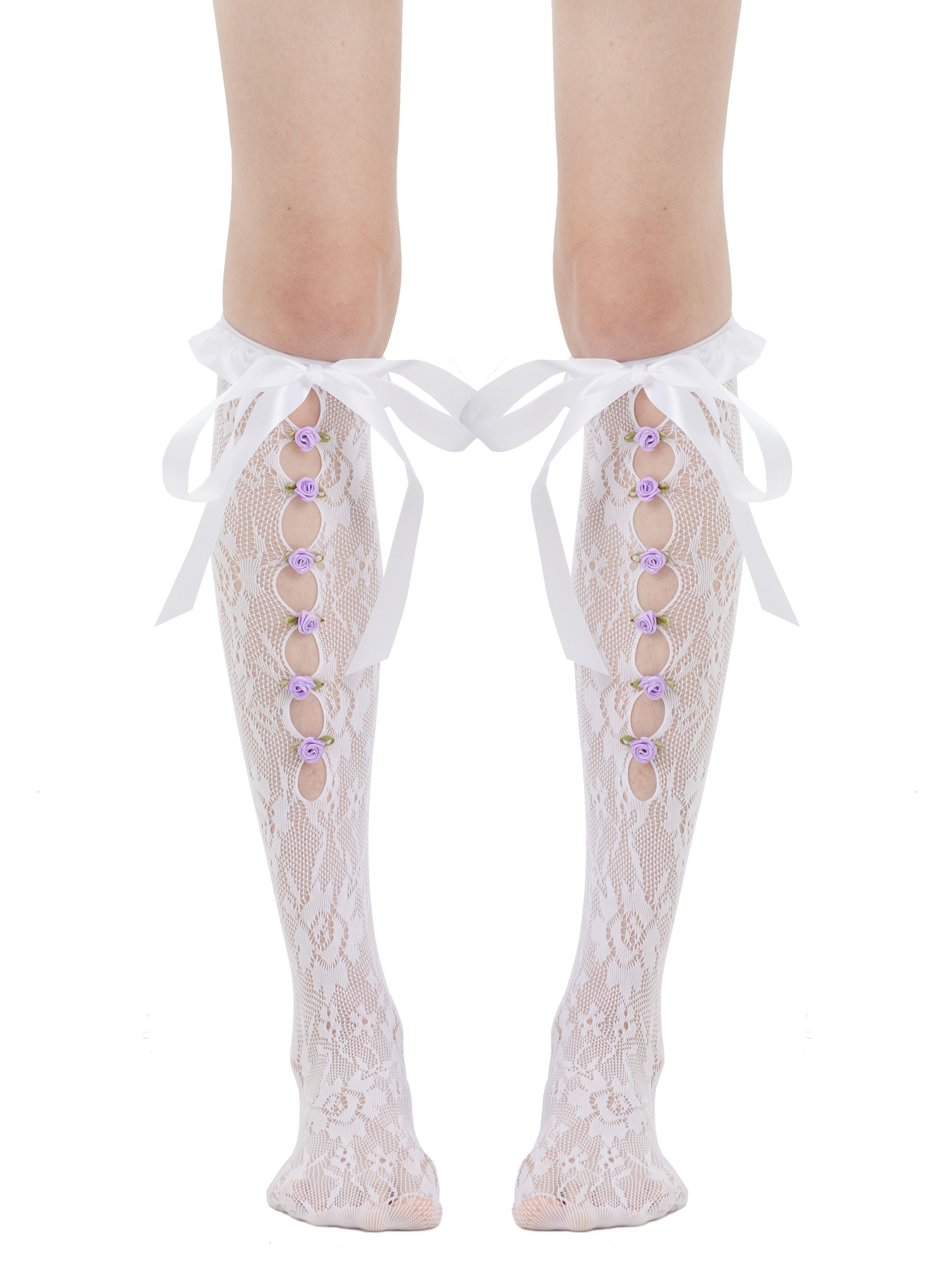 Cutout Floral Ribbon Lace Long Socks - Uniqvibe