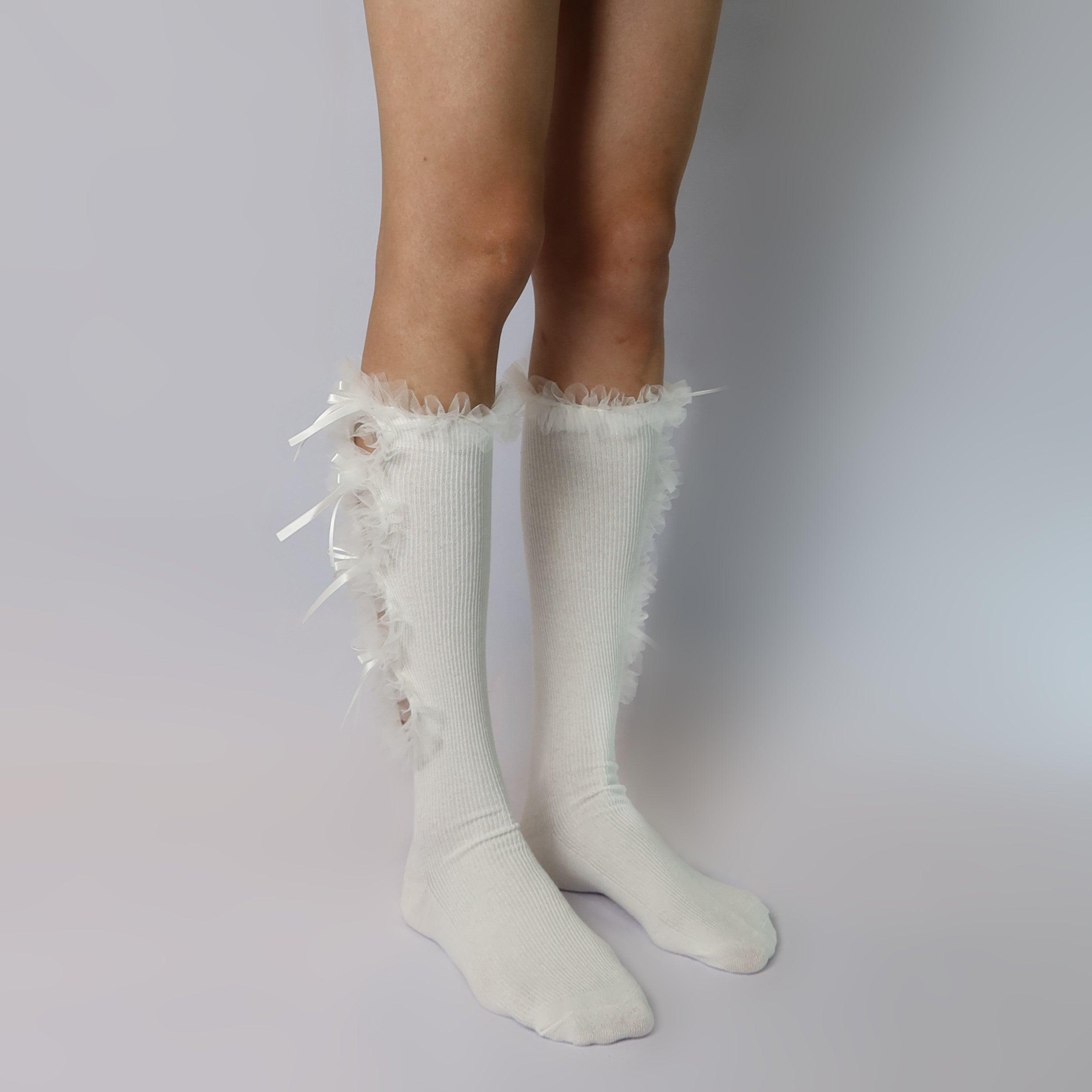 Cutout Tulle Ruffle Bow Calf Socks - Uniqvibe