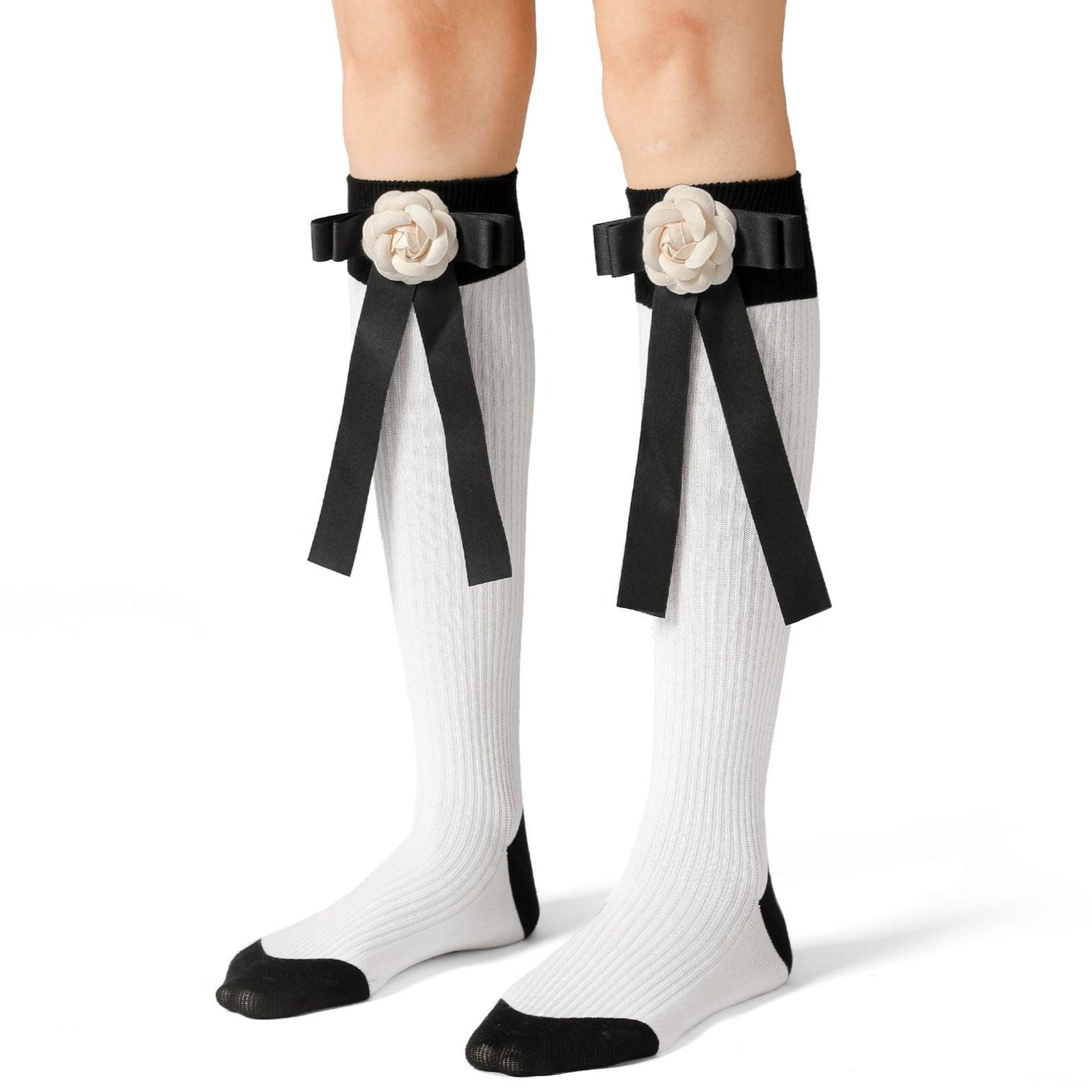 Delicate Camellia Bow White Cotton Long Socks - Uniqvibe