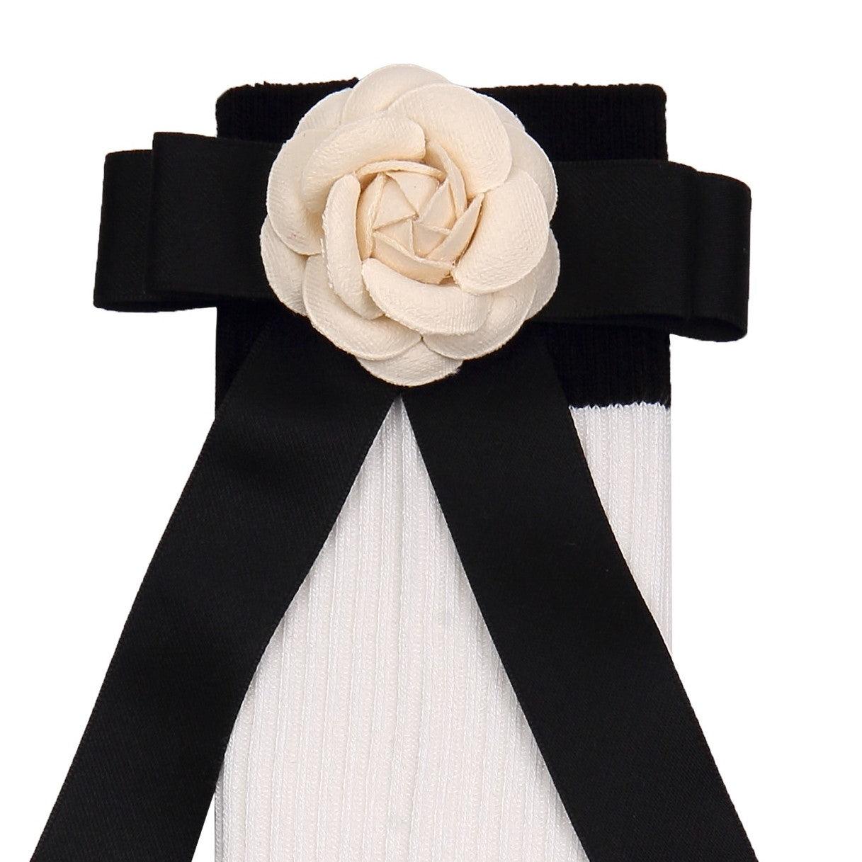 Delicate Camellia Bow White Cotton Long Socks - Uniqvibe