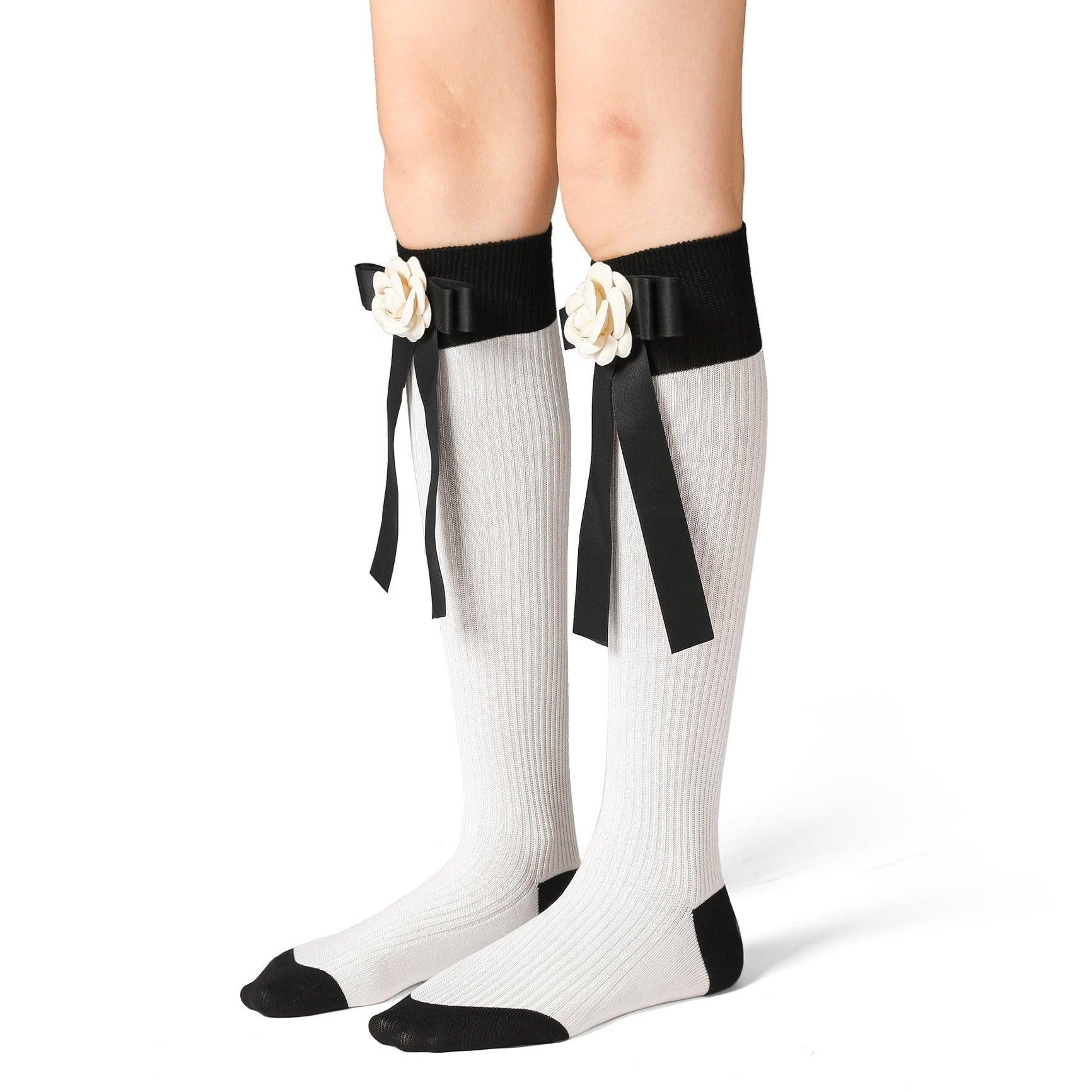 Delicate Camellia Bow White Cotton Long Socks - Uniqvibe