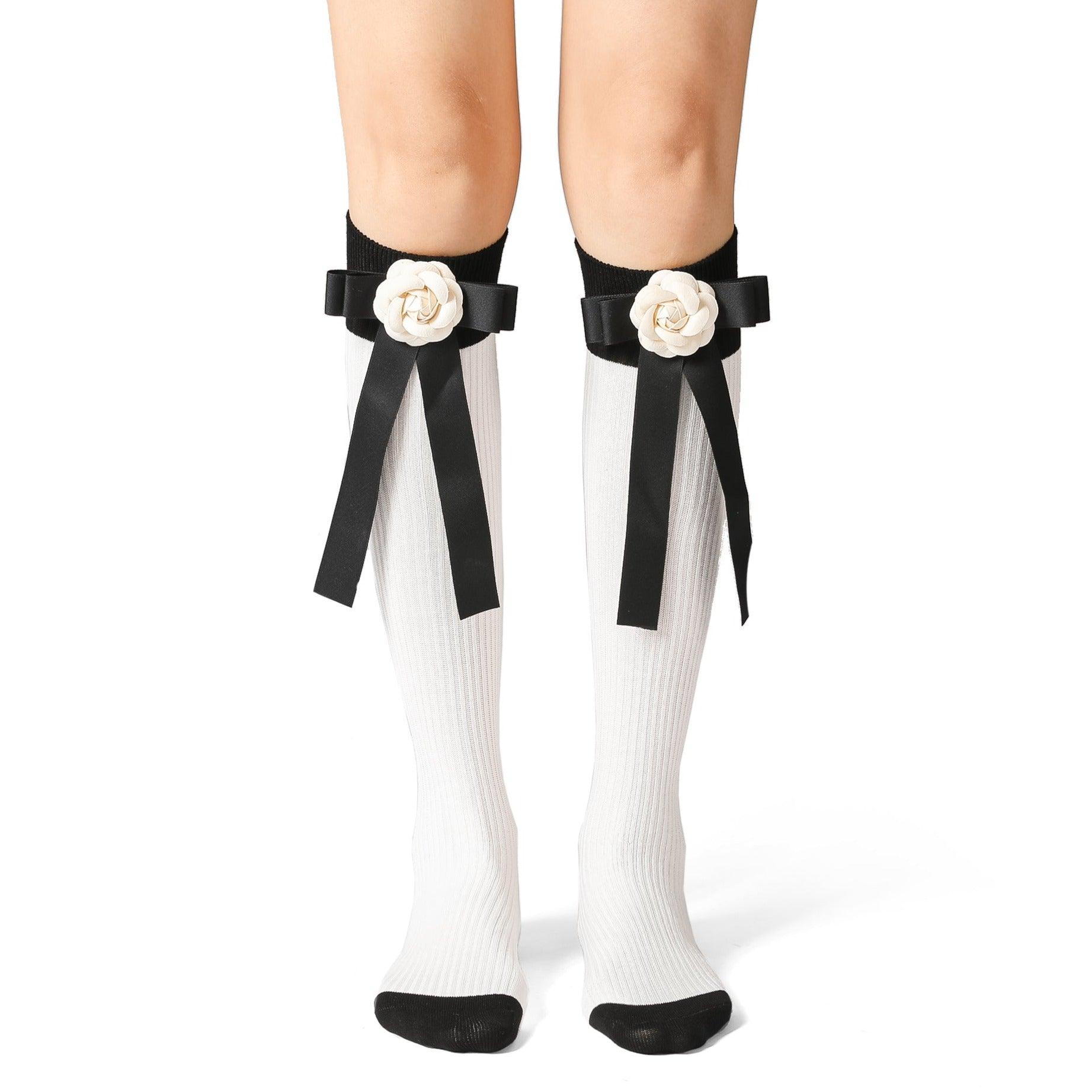 Delicate Camellia Bow White Cotton Long Socks - Uniqvibe