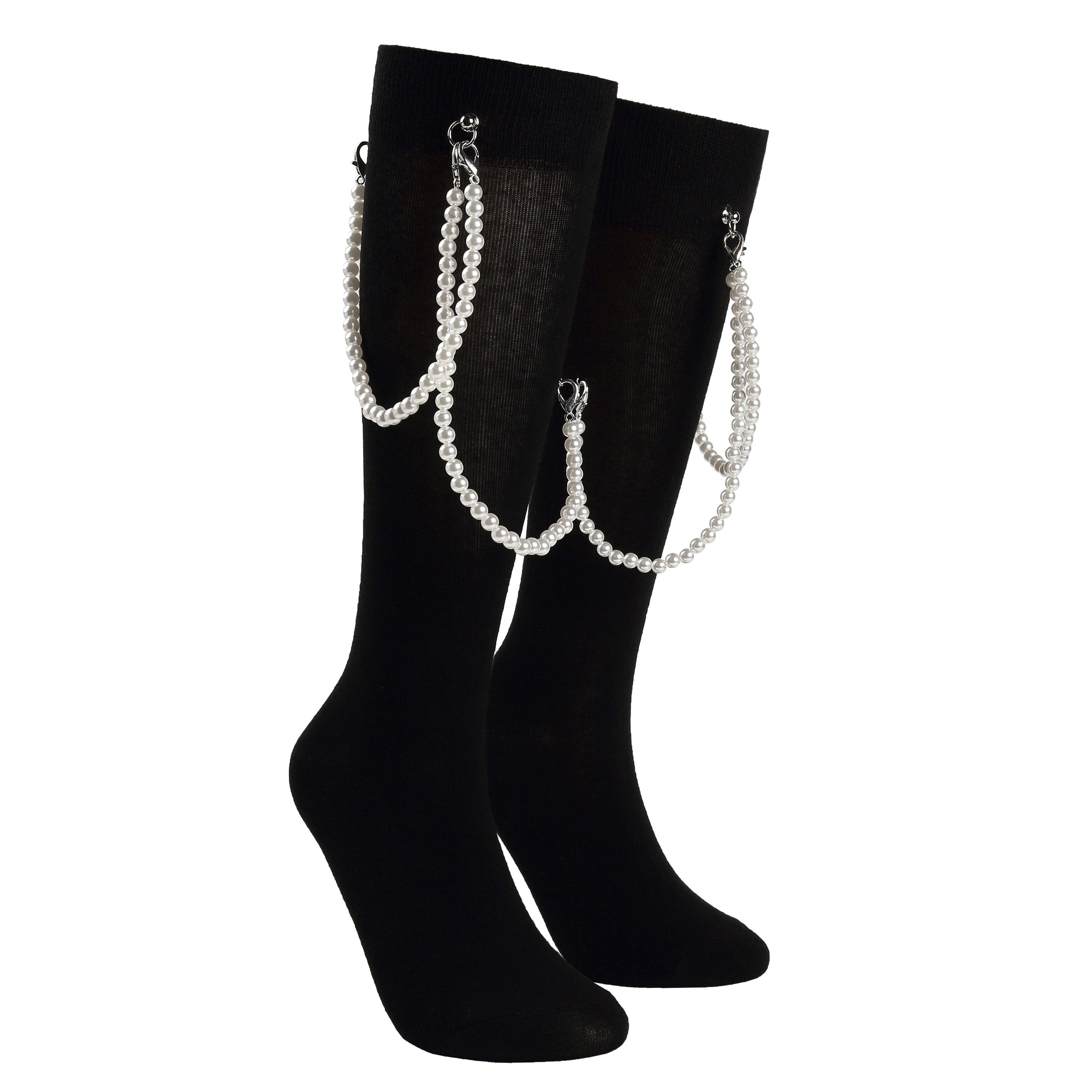 Detachable Pearl Chain Black Cotton Long Socks - Uniqvibe