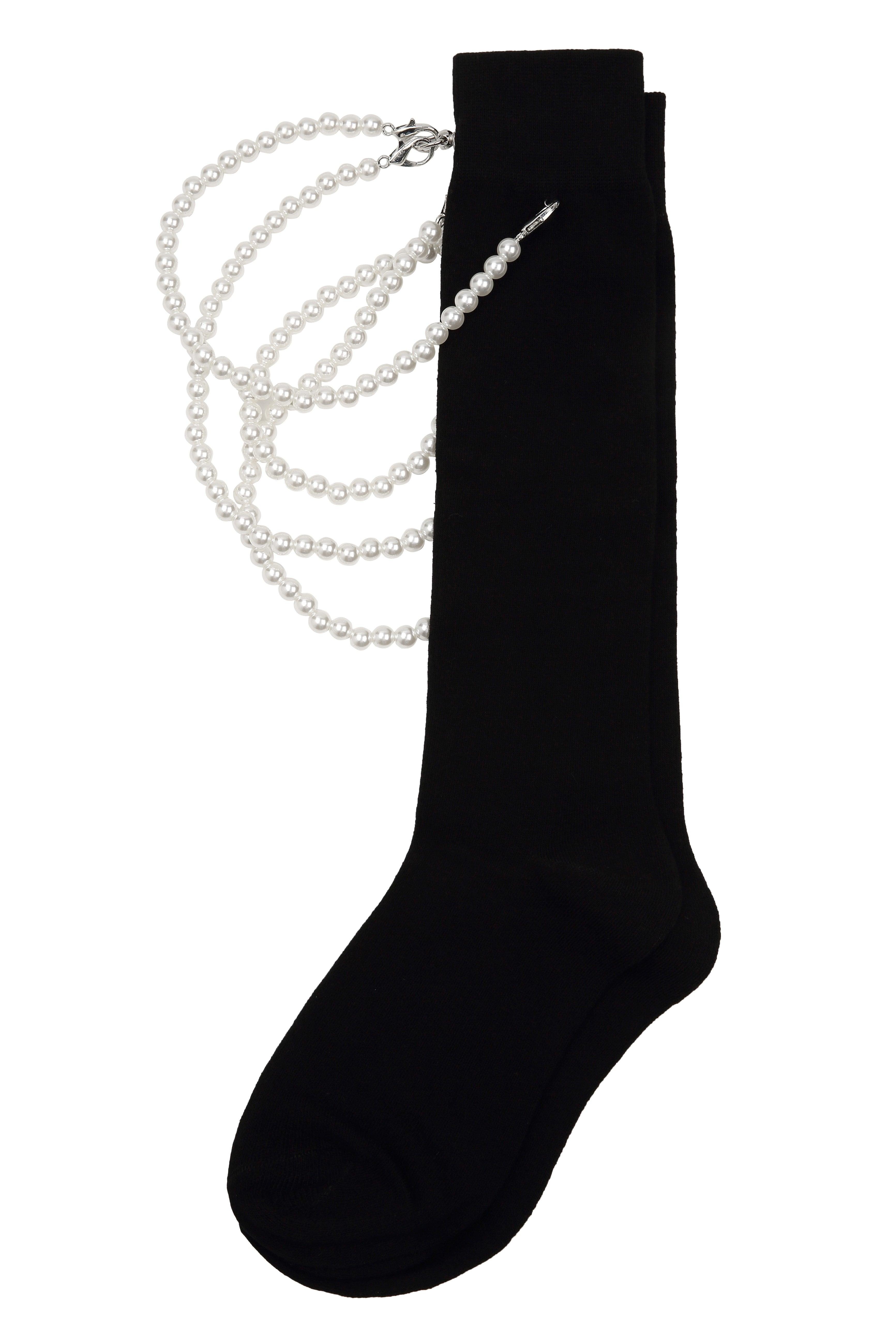 Detachable Pearl Chain Black Cotton Long Socks - Uniqvibe