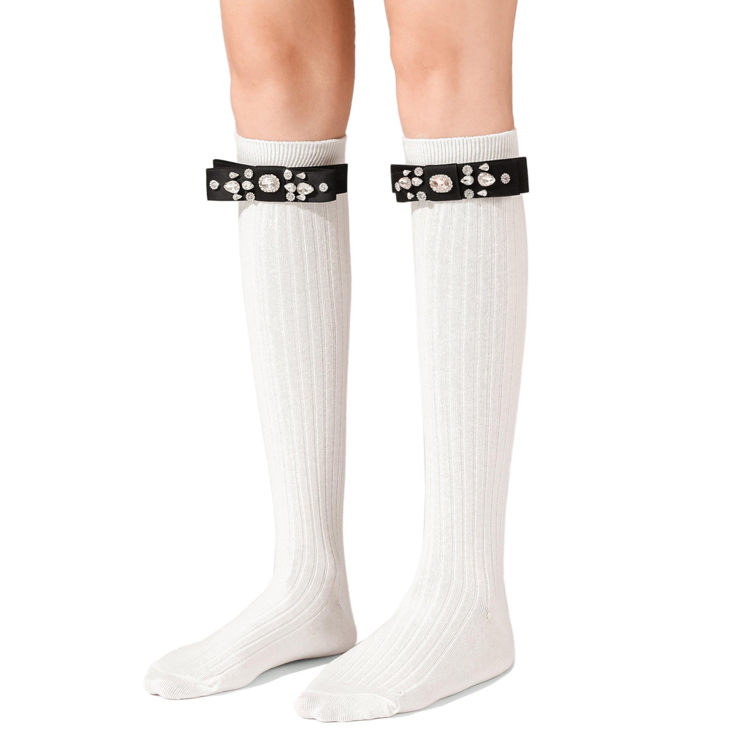 Diamond Bowknot Cotton Long Knee High Socks - Uniqvibe