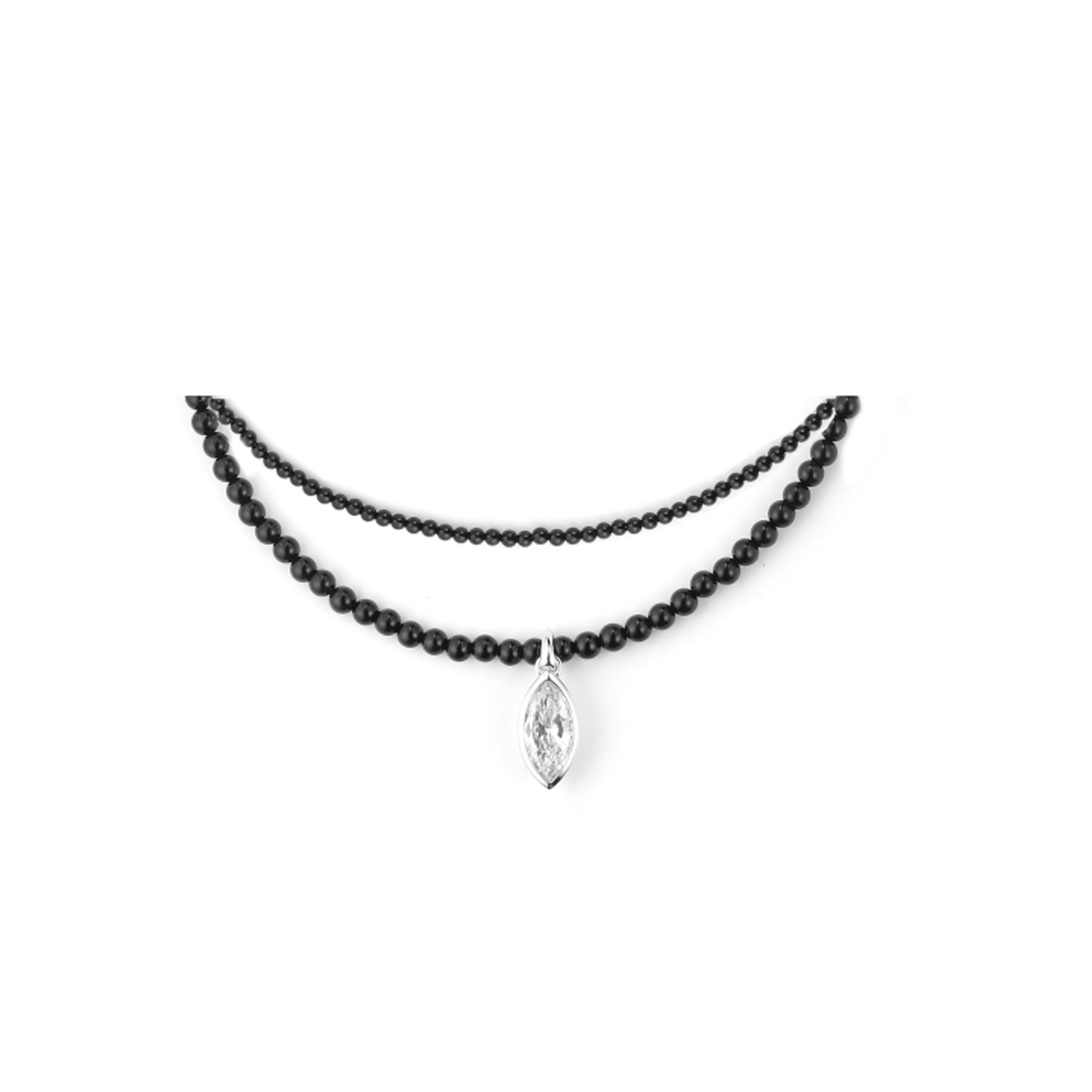 Eye Pendent Natural Black Onyx Beaded Silver Double Layer Necklace - Uniqvibe