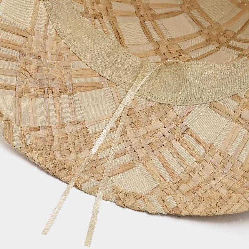 Fabric Cross Woven Straw Beach Bucket Hat Black/Beige - Uniqvibe