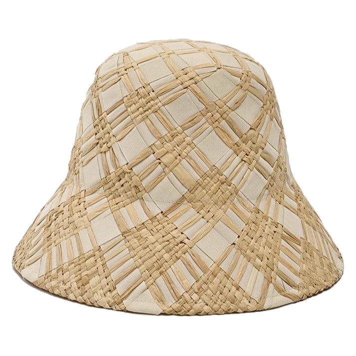 Fabric Cross Woven Straw Beach Bucket Hat Black/Beige - Uniqvibe