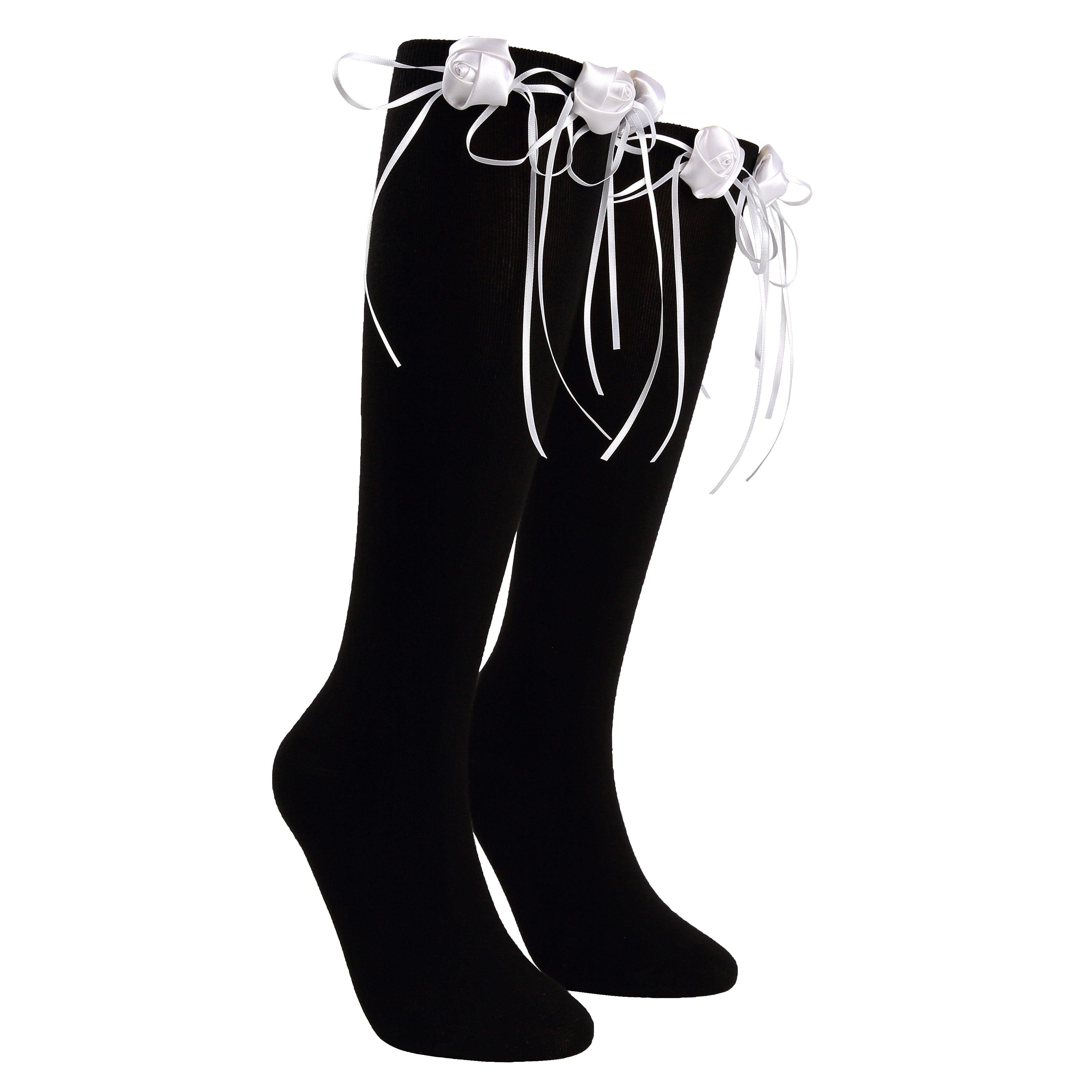 Handmade Flower Bud Black Cotton Long Socks - Uniqvibe