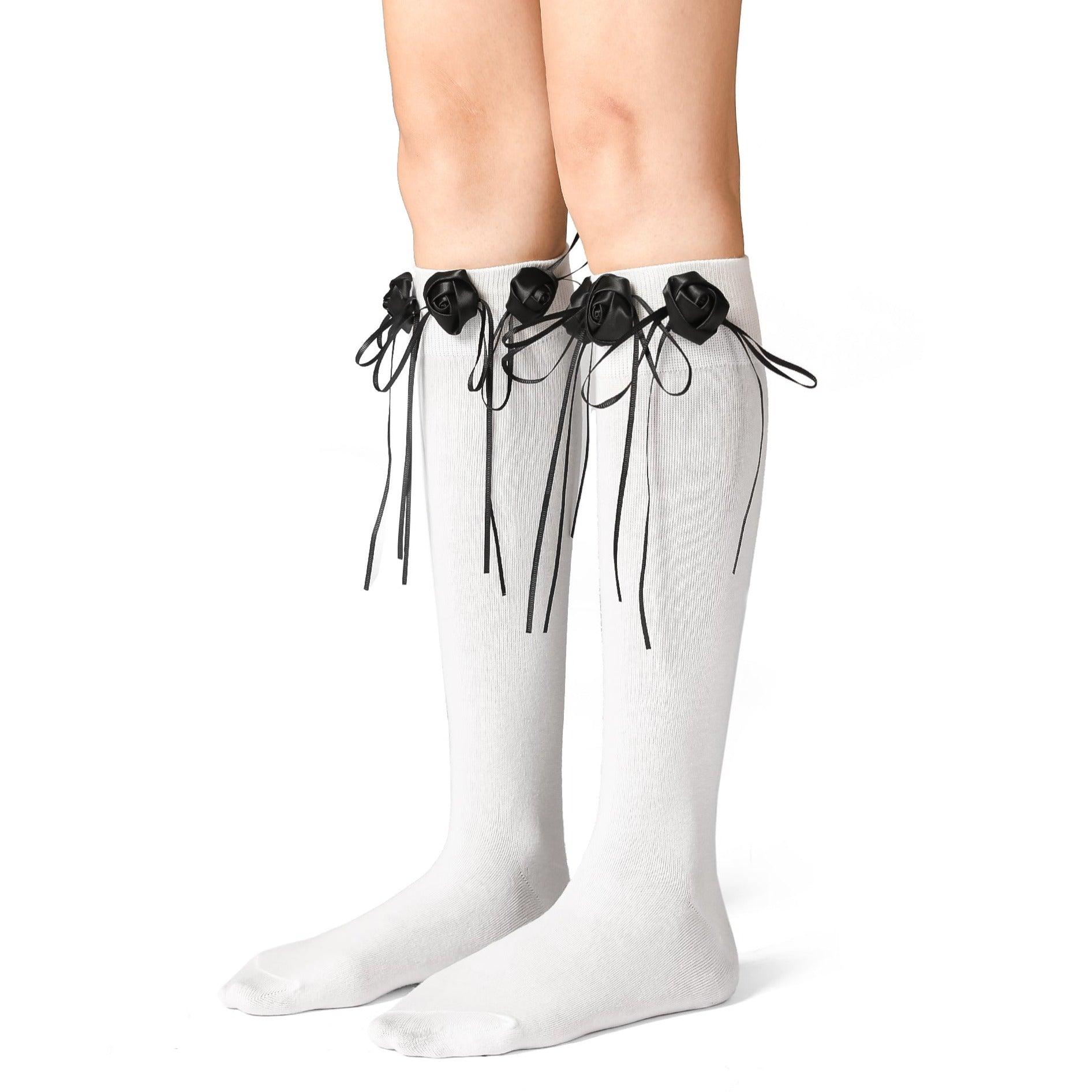 Handmade Flower Bud White Cotton Long Socks - Uniqvibe