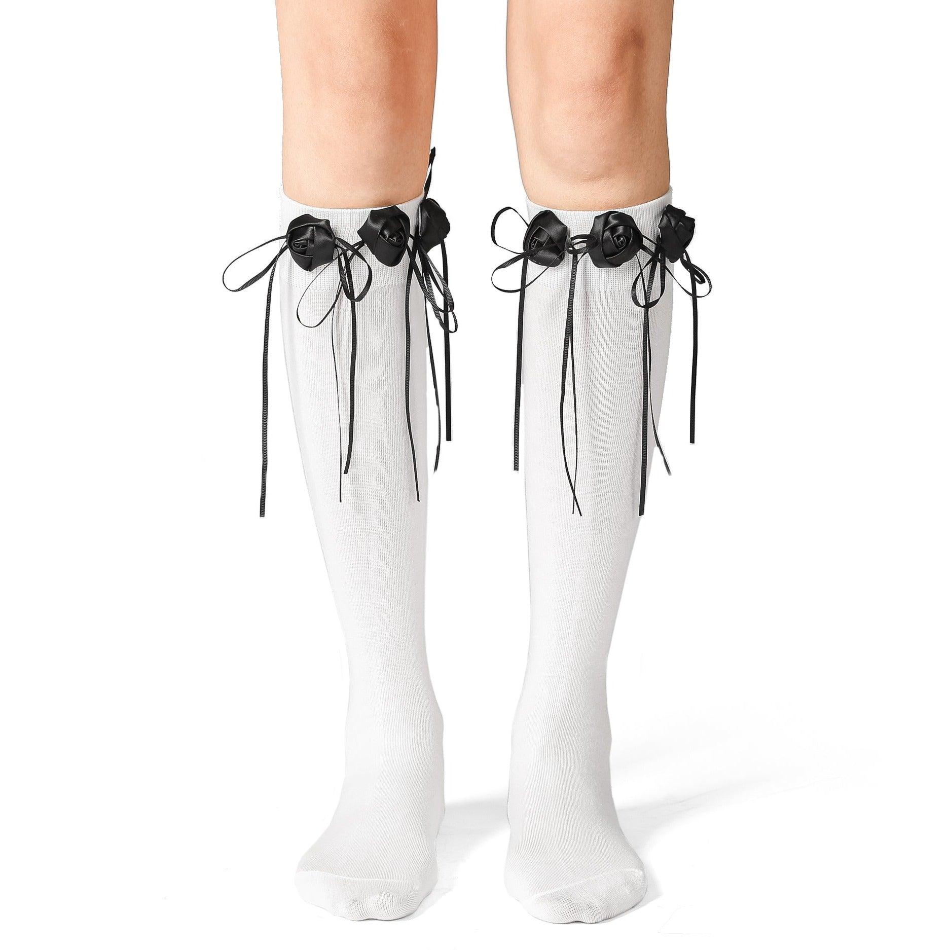 Handmade Flower Bud White Cotton Long Socks - Uniqvibe