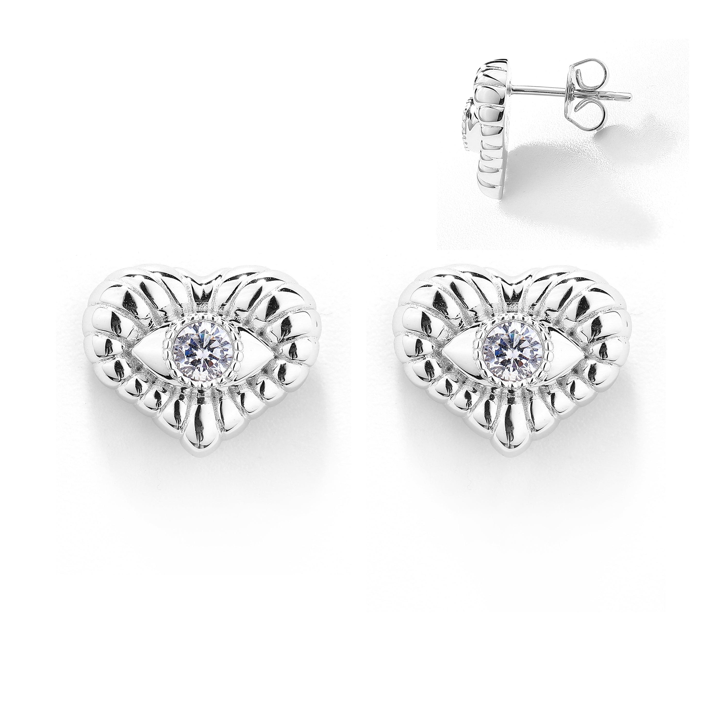 Heart Crystal Eye Embossed Silver Earrings - Uniqvibe