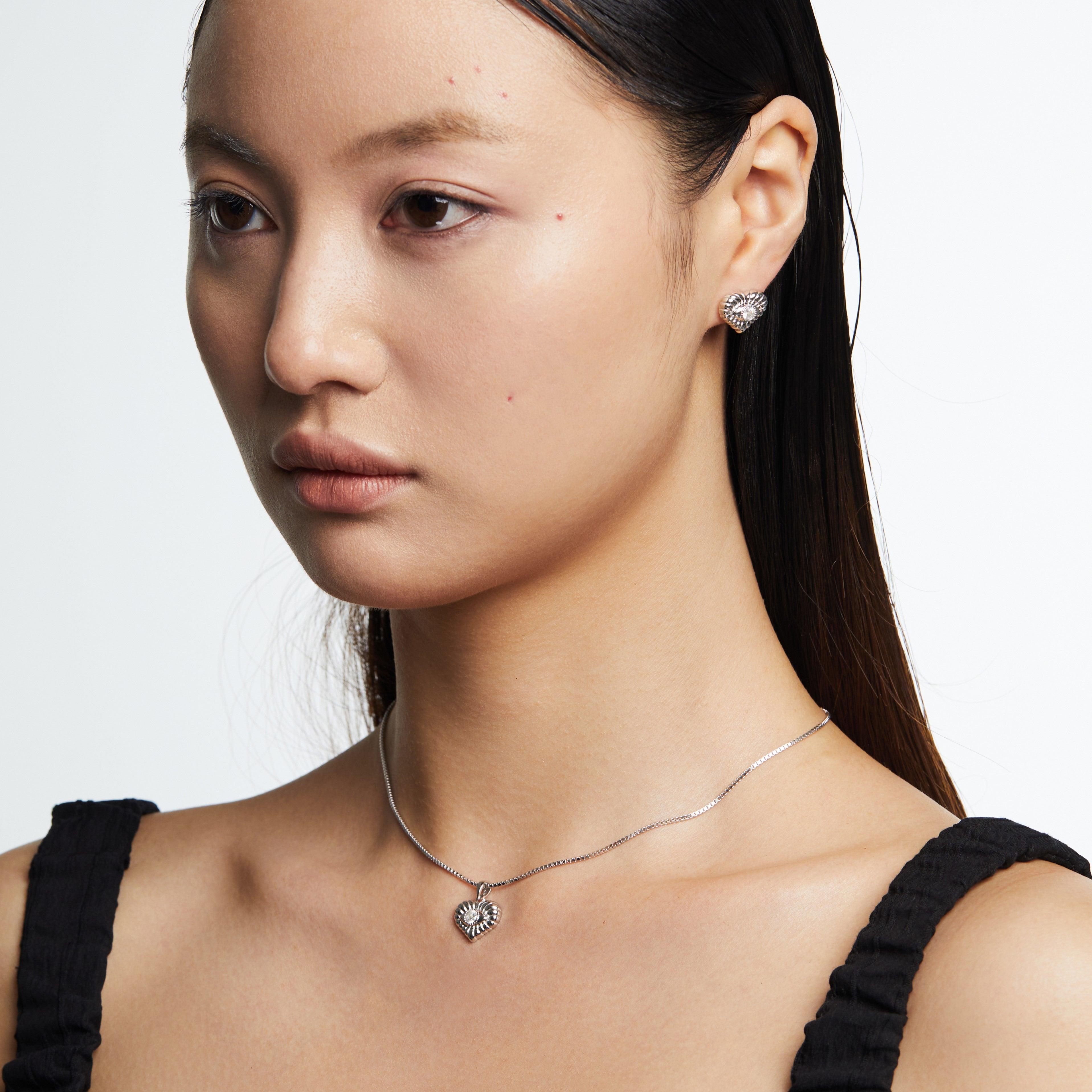 Heart Crystal Eye Embossed Silver Earrings - Uniqvibe