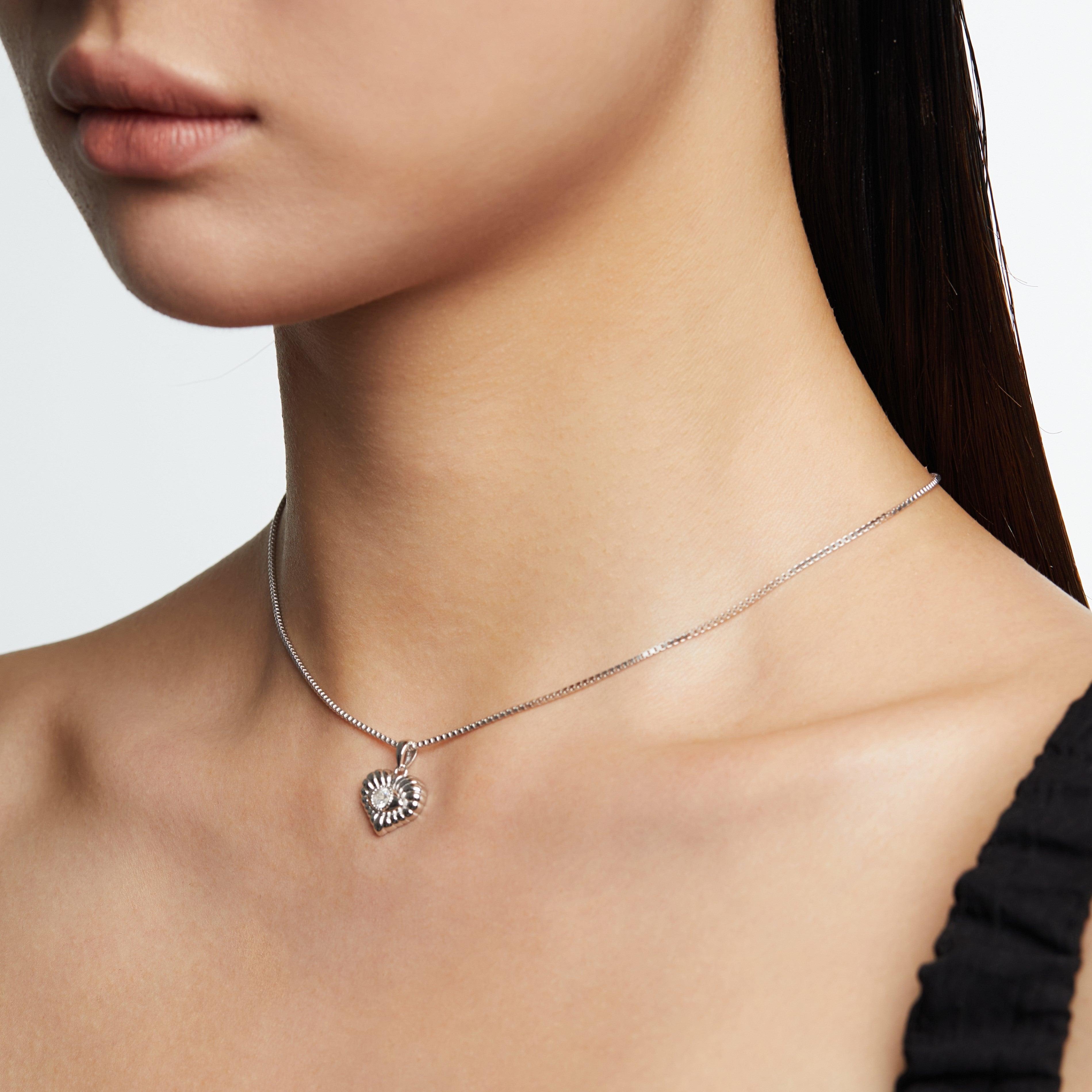 Heart Crystal Eye Embossed Silver Necklace - Uniqvibe