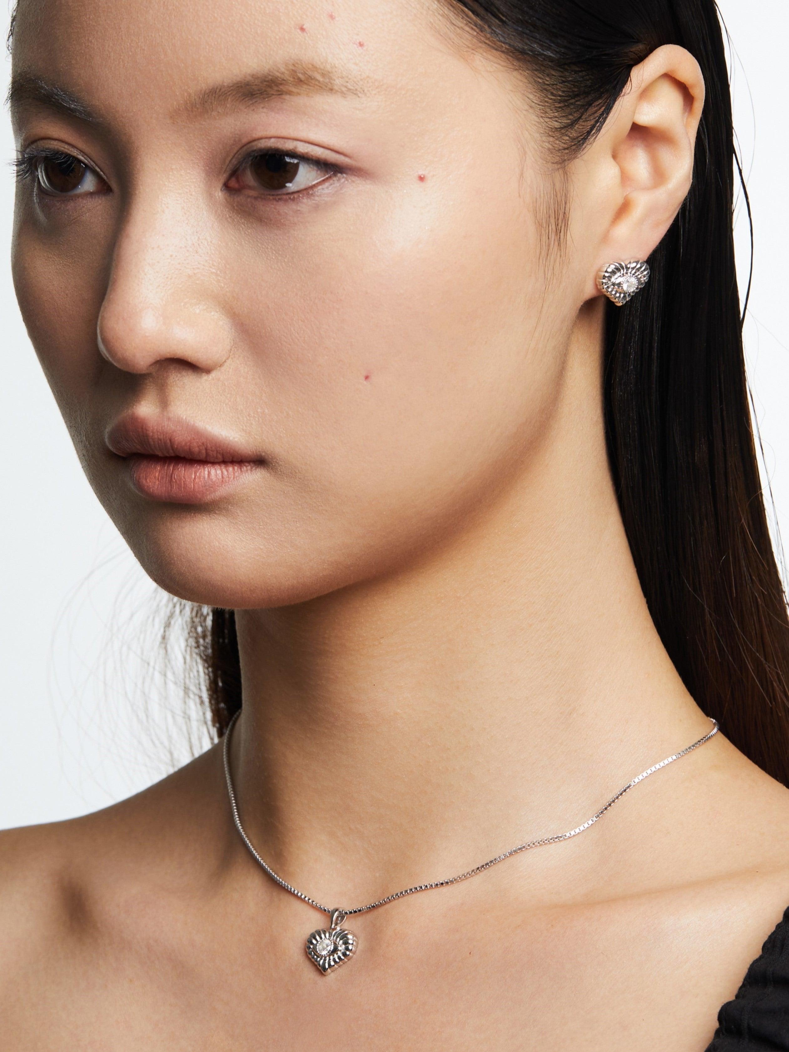 Heart Crystal Eye Embossed Silver Necklace - Uniqvibe