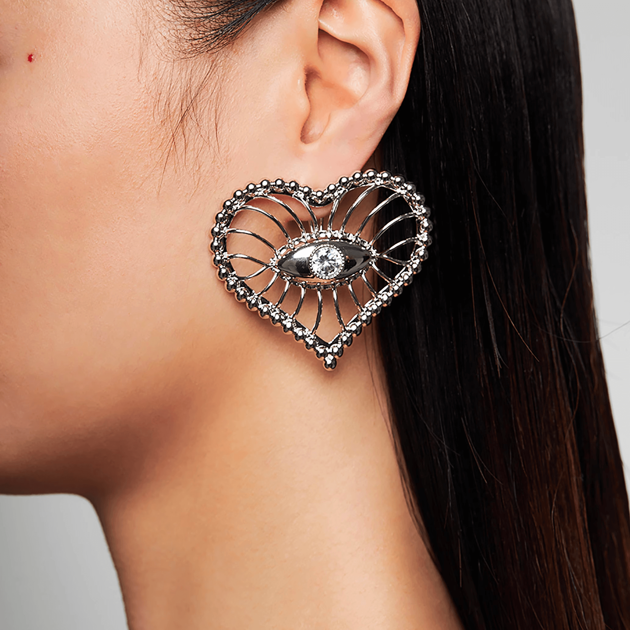 Hollow Out Big Love Eye Black And White Zircon Earrings - Uniqvibe