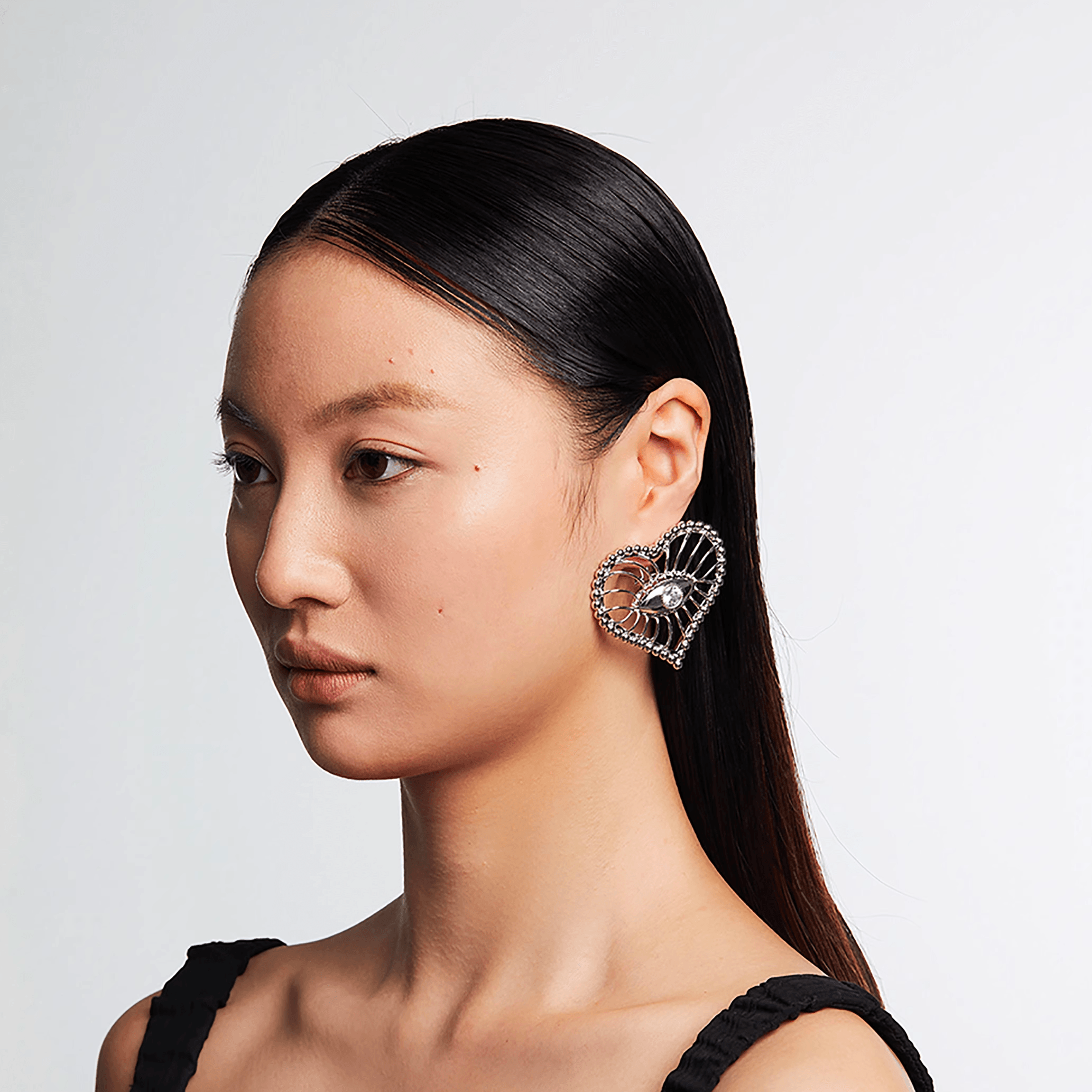 Hollow Out Big Love Eye Black And White Zircon Earrings - Uniqvibe