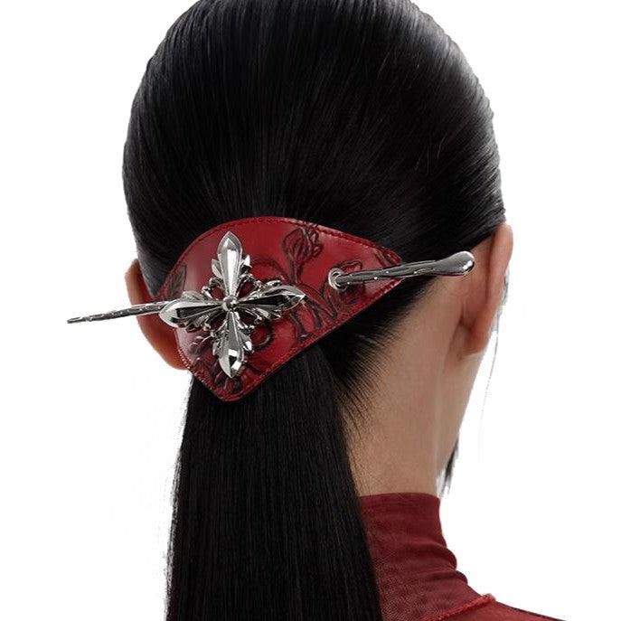Metal Red Leather Cross Hairpin Hair Clips - Uniqvibe
