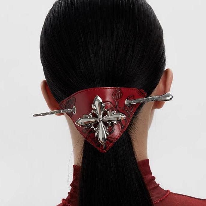Metal Red Leather Cross Hairpin Hair Clips - Uniqvibe