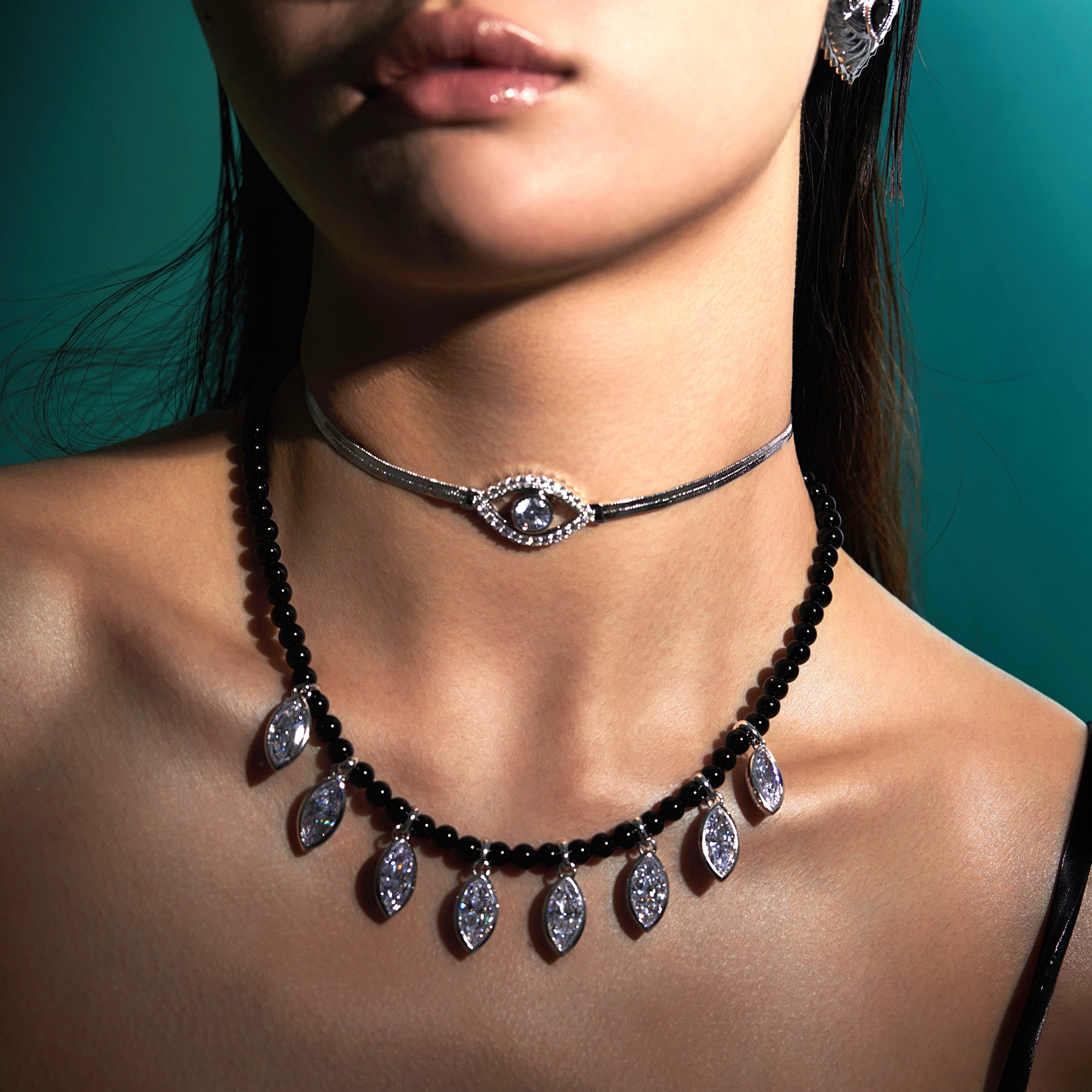 Multiple Eyes Pendant Black Onyx Beaded Necklace - Uniqvibe