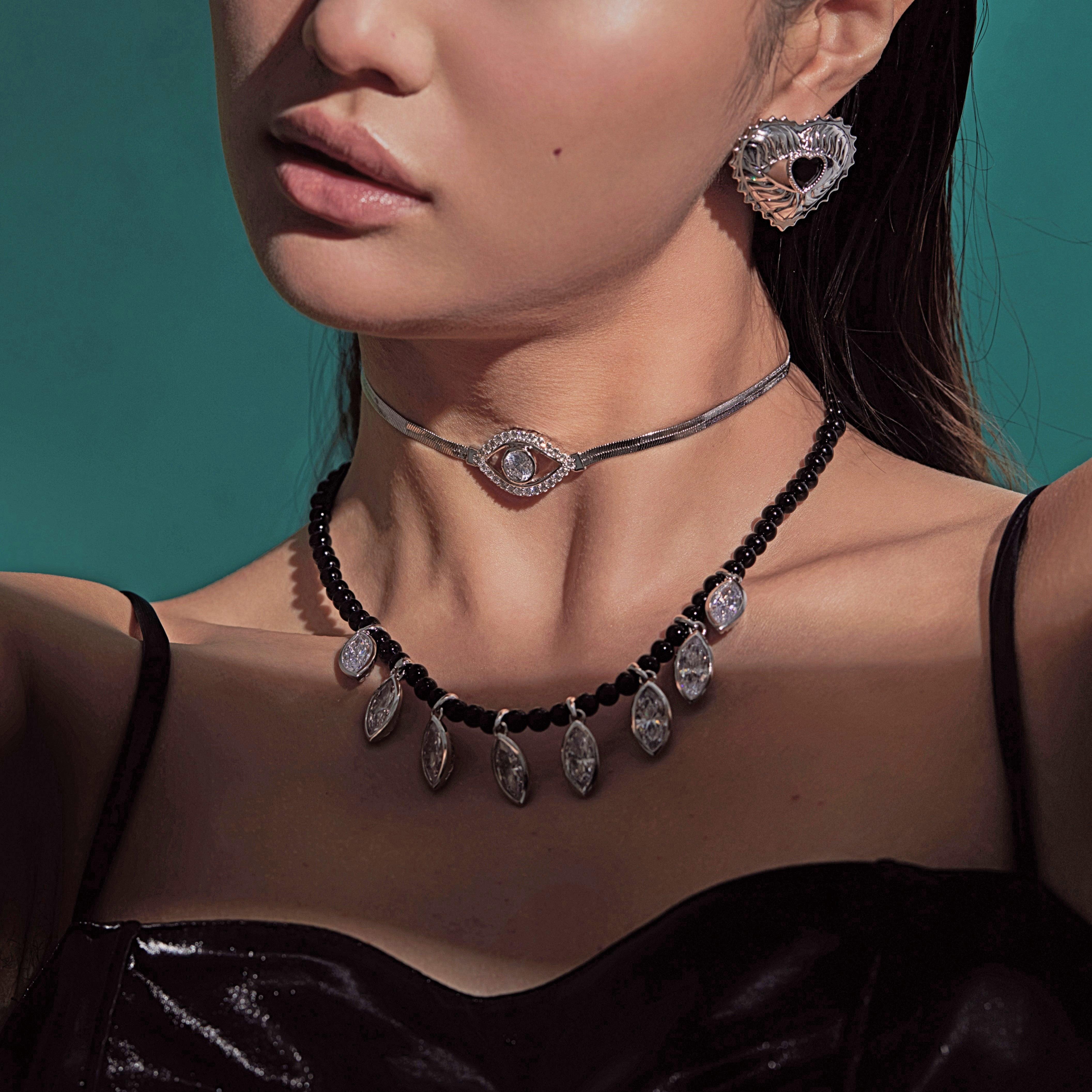 Multiple Eyes Pendant Black Onyx Beaded Necklace - Uniqvibe