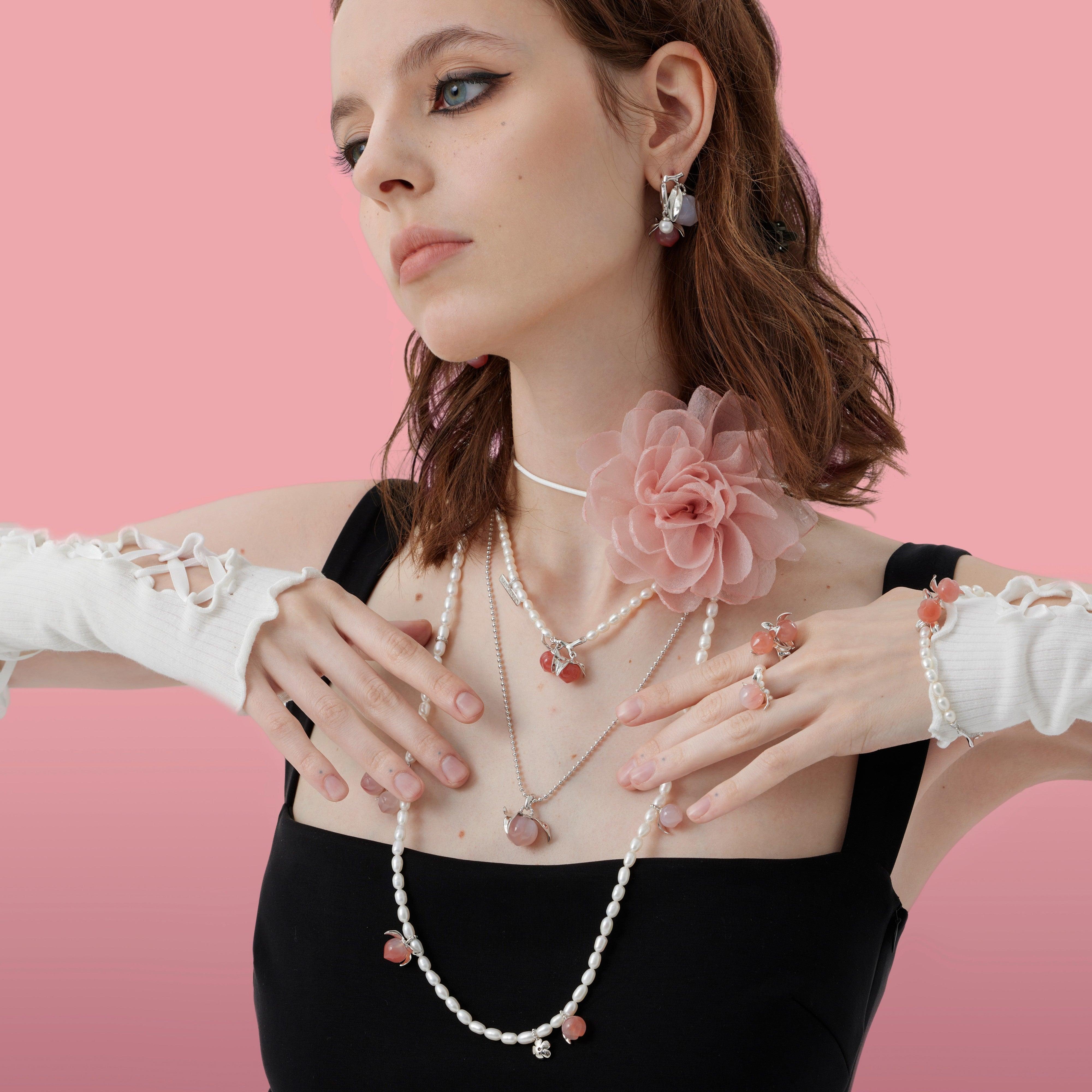 Natural Agate Peaches Pearl Long Necklace - Uniqvibe