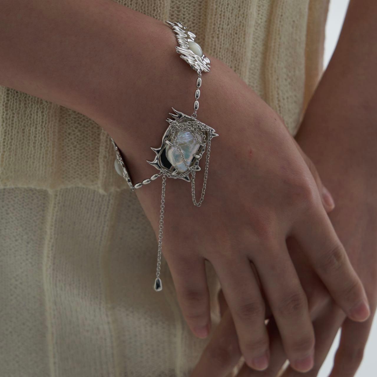 Natural Baroque Pearl and Shell Liquid Metal Bracelet - Uniqvibe
