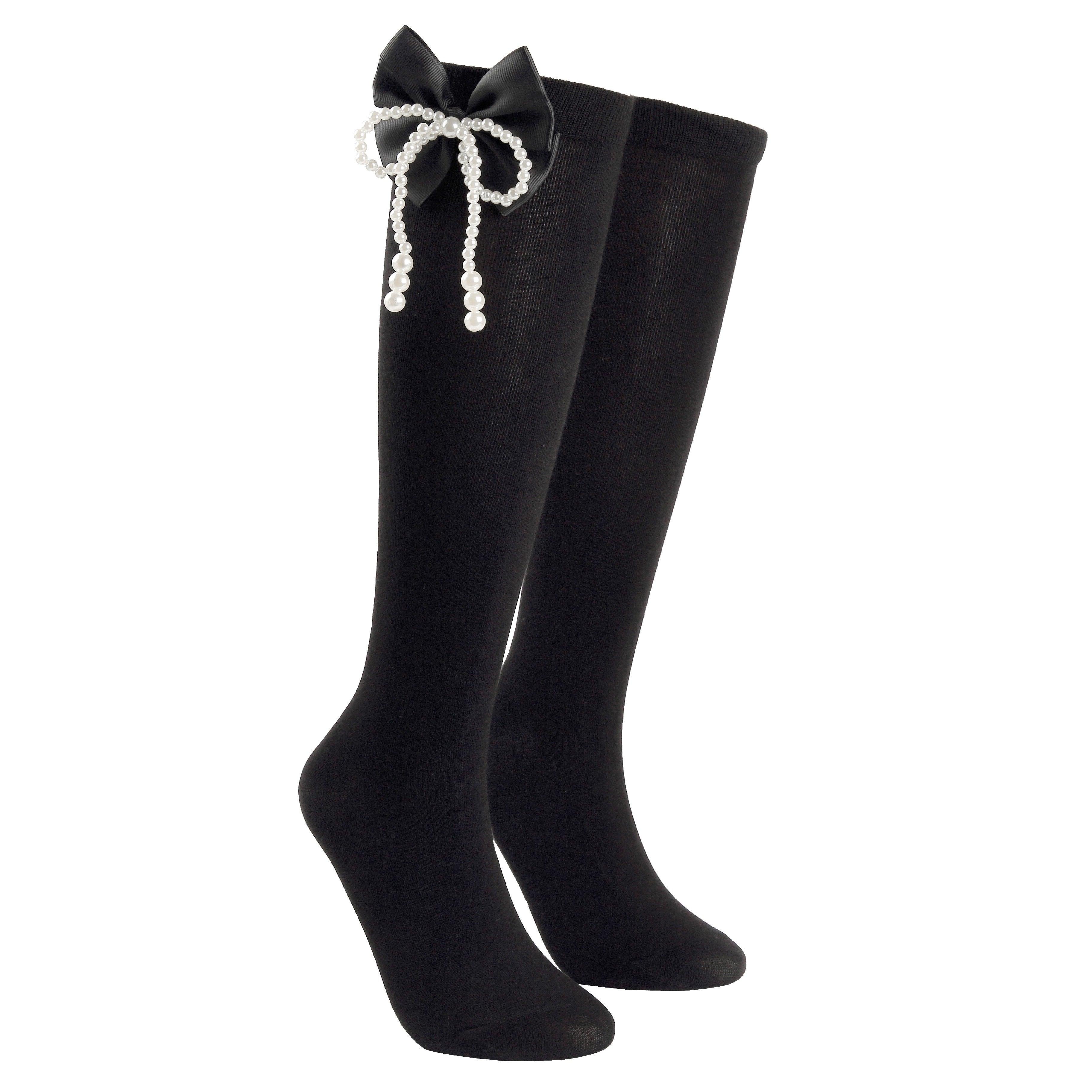 Pearl Bow Black Cotton Long Socks - Uniqvibe