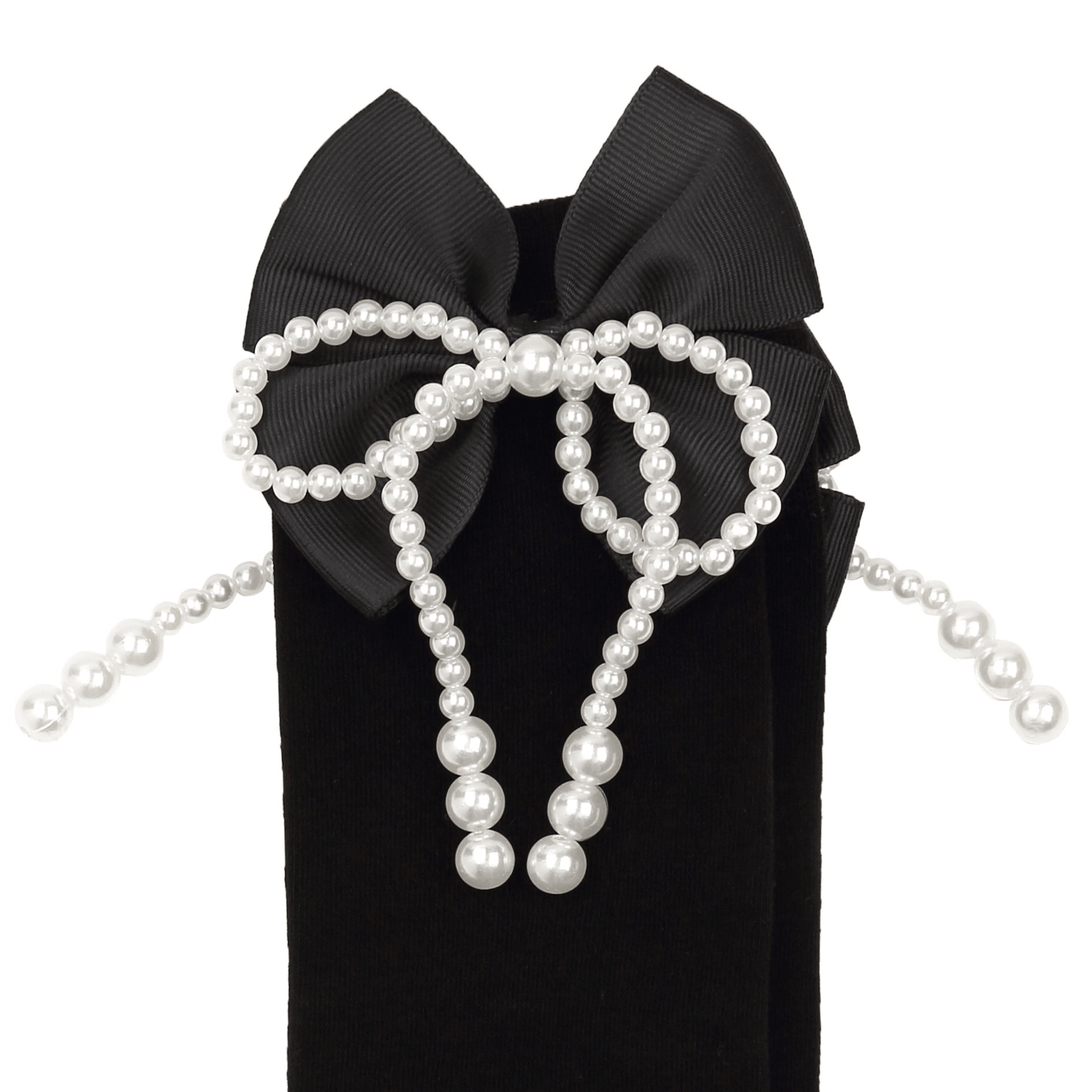 Pearl Bow Black Cotton Long Socks - Uniqvibe