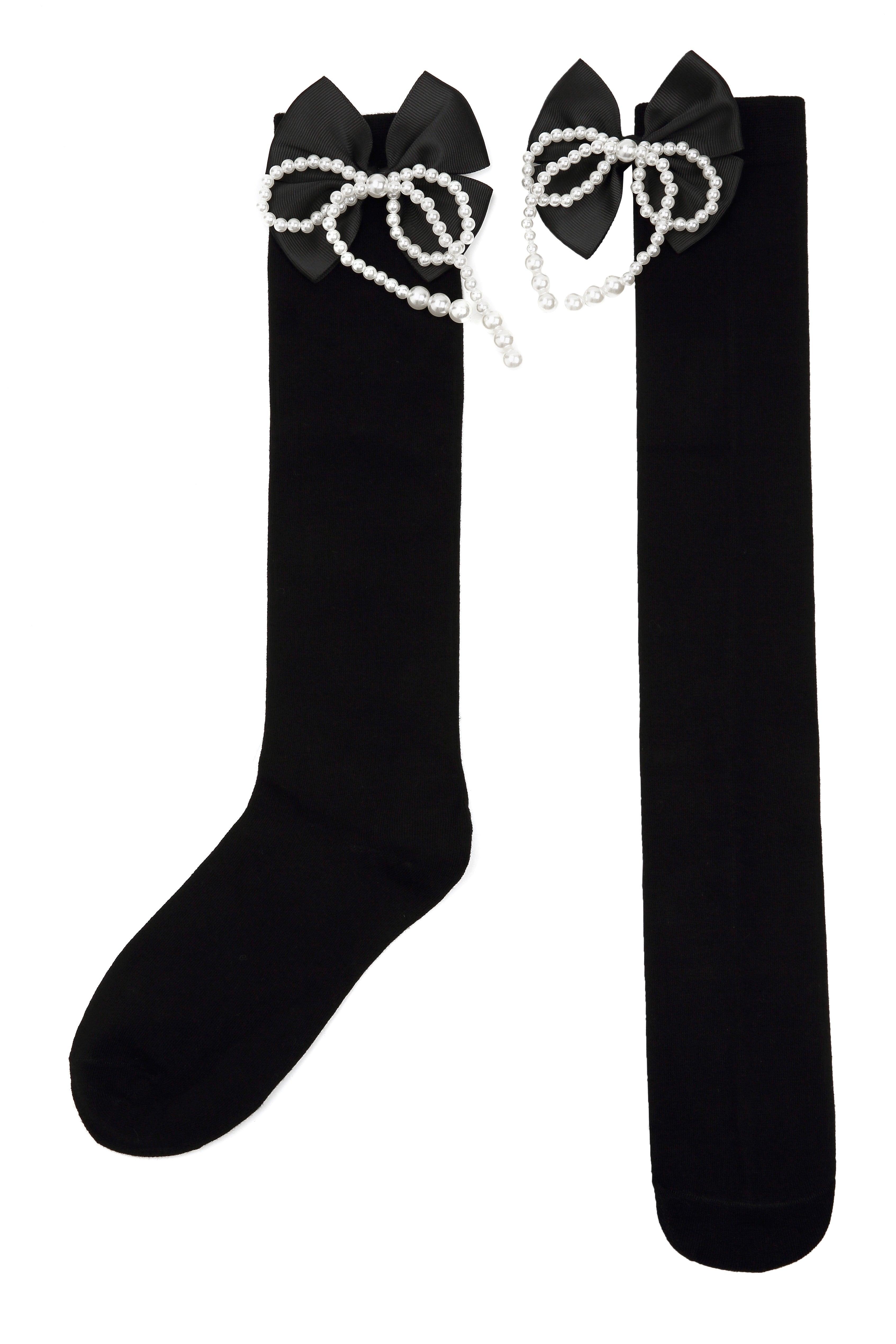 Pearl Bow Black Cotton Long Socks - Uniqvibe