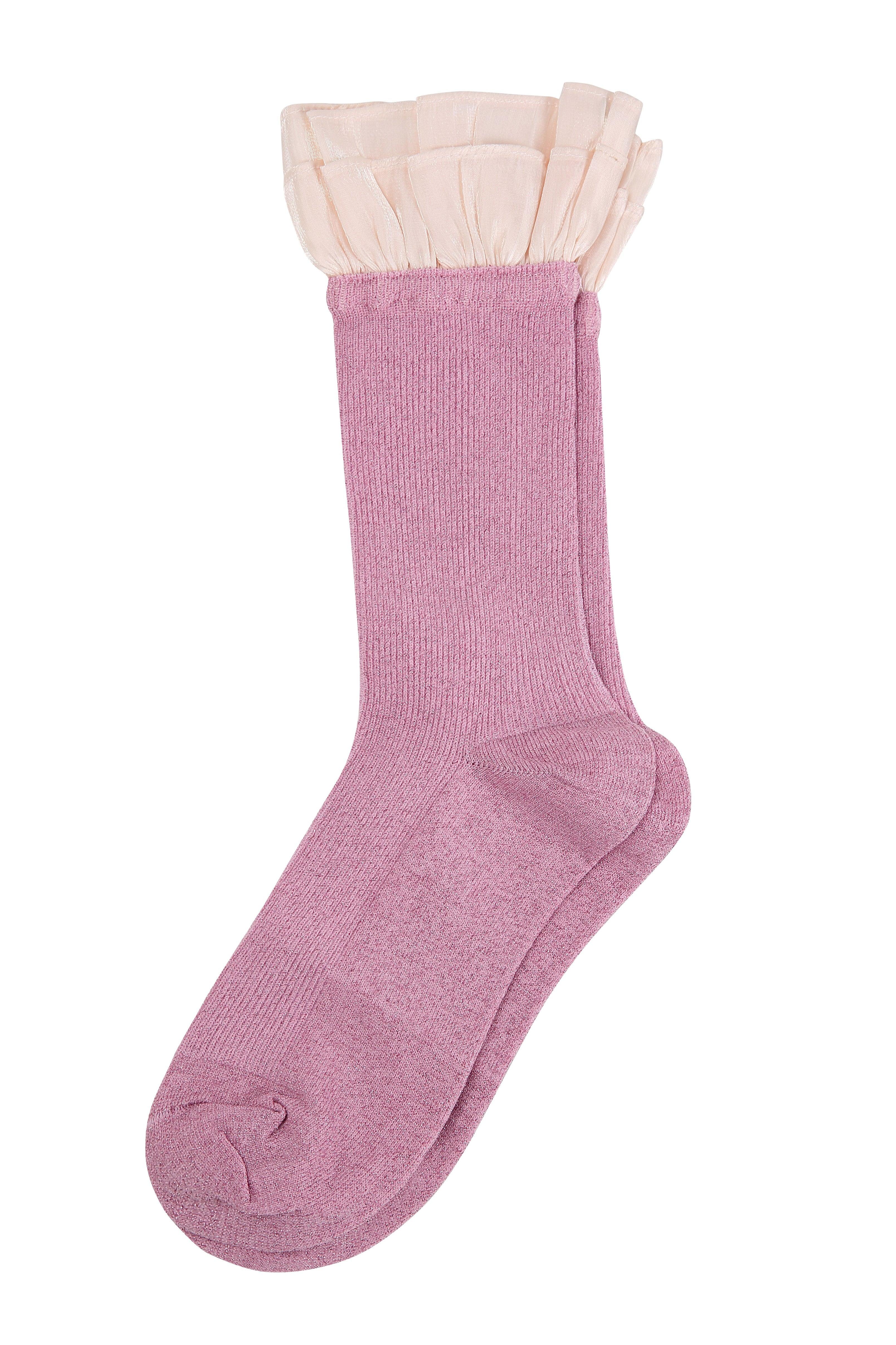 Pink Satin Ruffled Lace Cotton Socks Black/Grey - Uniqvibe
